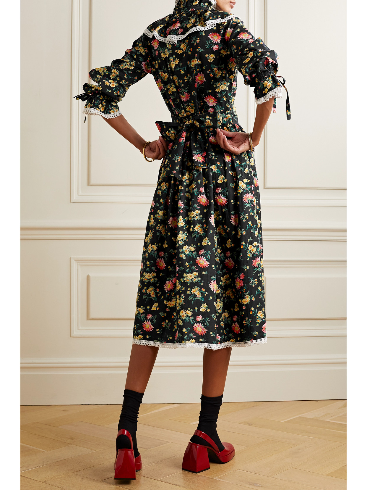 Batsheva + Laura Ashley Devon Pintucked Floralprint Cottonpoplin Midi