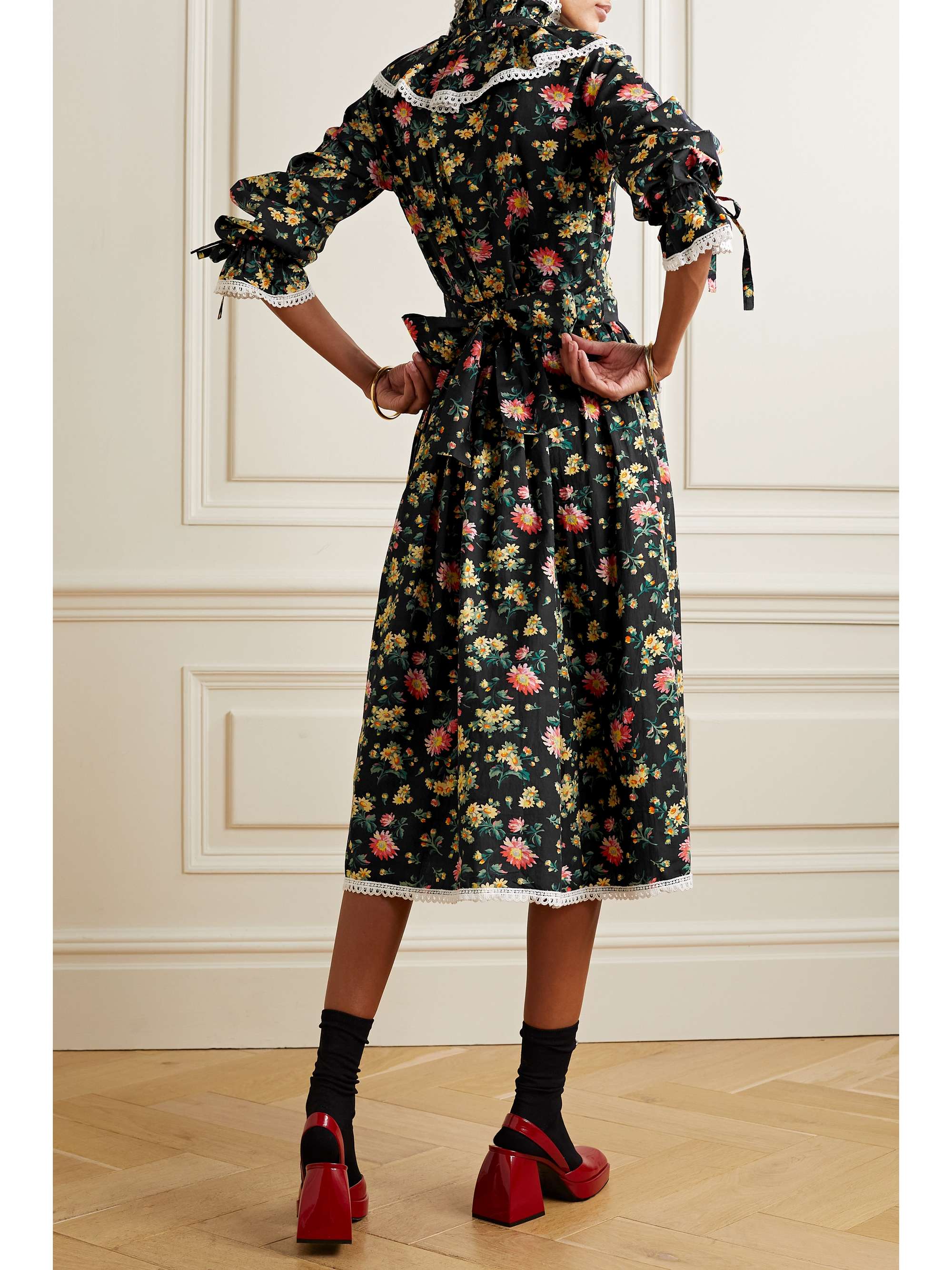 BATSHEVA x Laura Ashley “Devon” 车缝褶花卉印花纯棉府绸中长连衣裙