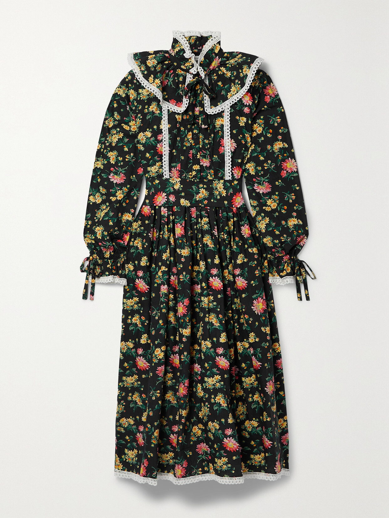 BATSHEVA + LAURA ASHLEY DEVON PINTUCKED FLORAL-PRINT COTTON-POPLIN MIDI DRESS