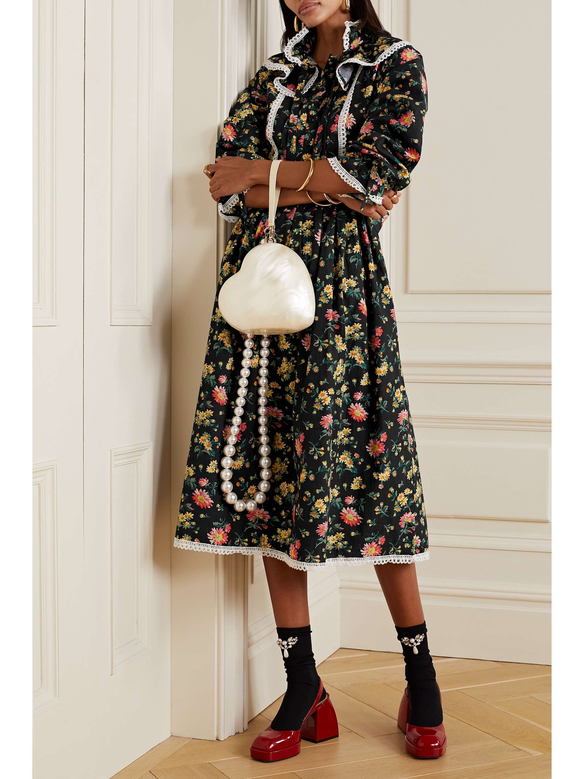 BATSHEVA x Laura Ashley “Devon” 车缝褶花卉印花纯棉府绸中长连衣裙