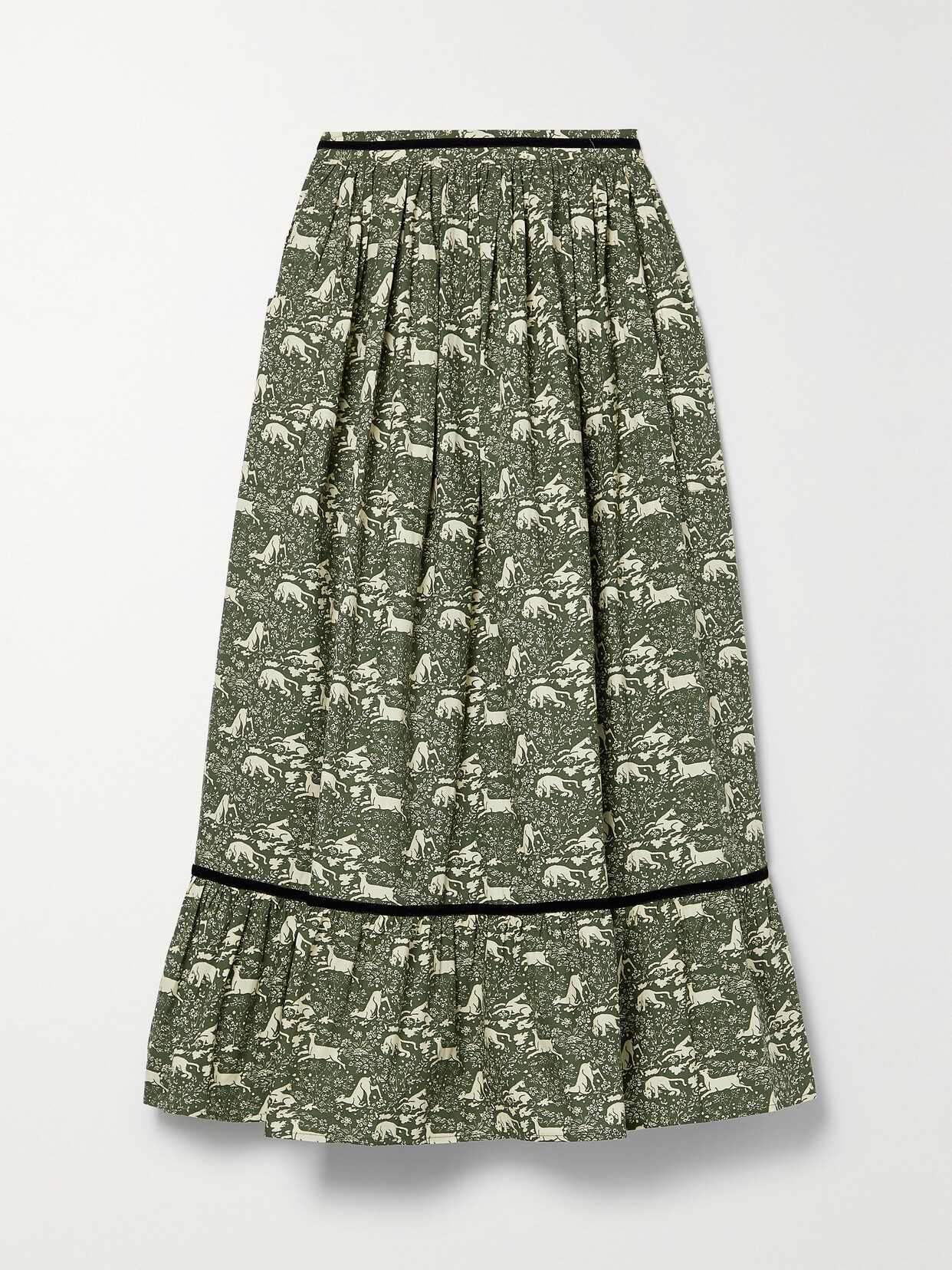 Batsheva - + Laura Ashley Kipp Velvet-trimmed Gathered Cotton-poplin Midi Skirt - Green