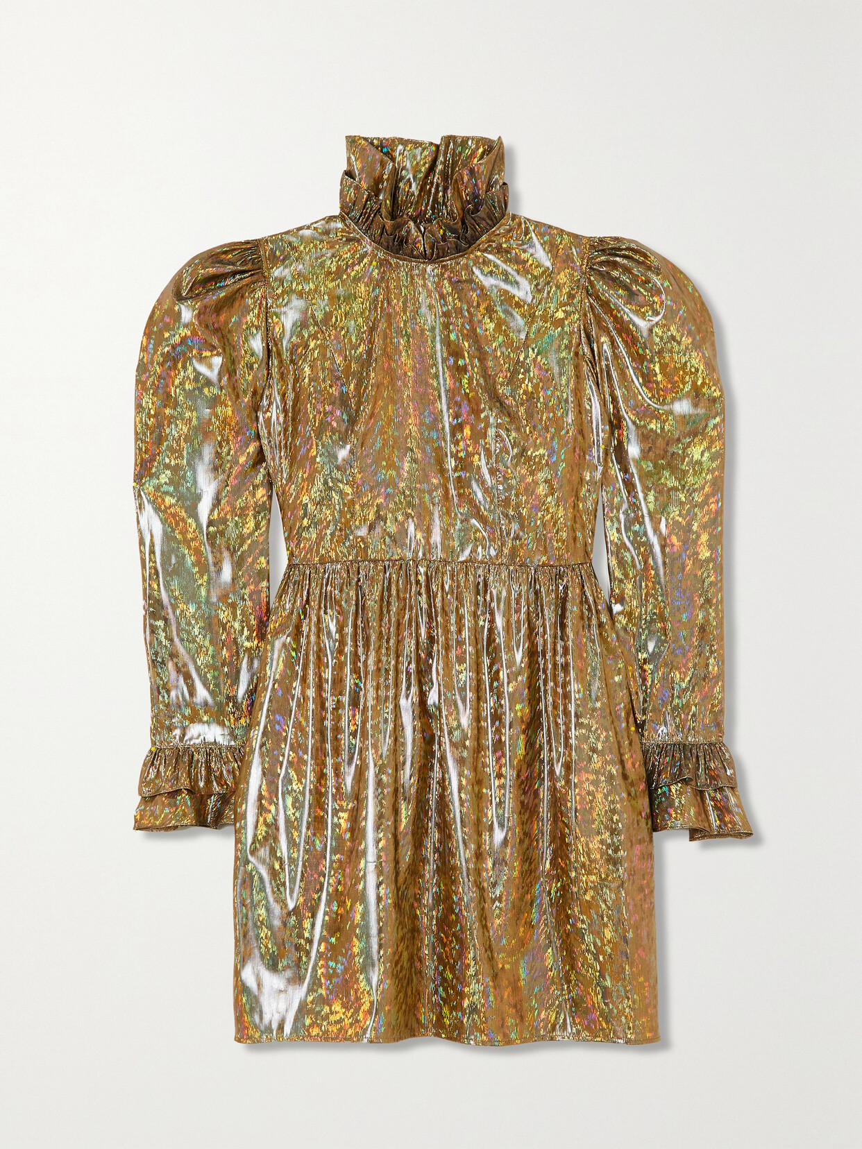 Batsheva Prairie Ruffled Holographic Lamé Mini Dress In Gold