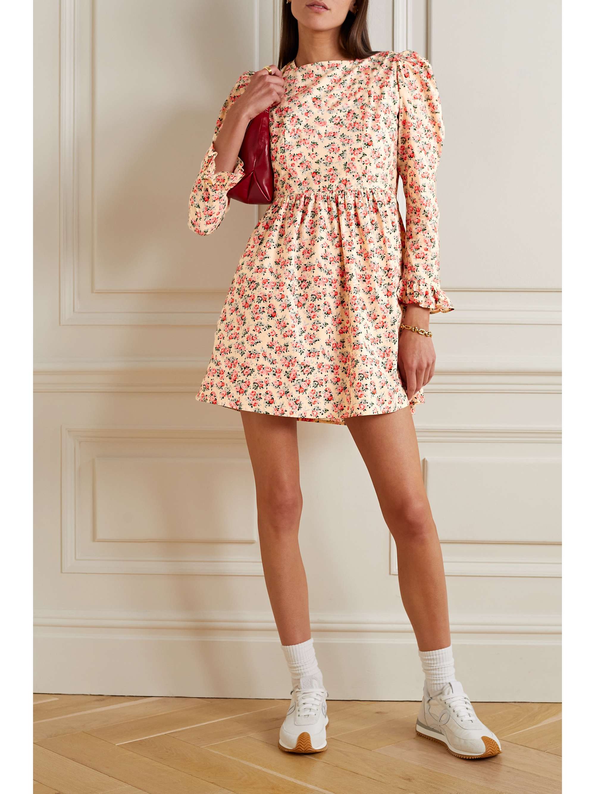 BATSHEVA x Laura Ashley 褶饰花卉印花纯棉府绸中长连衣裙