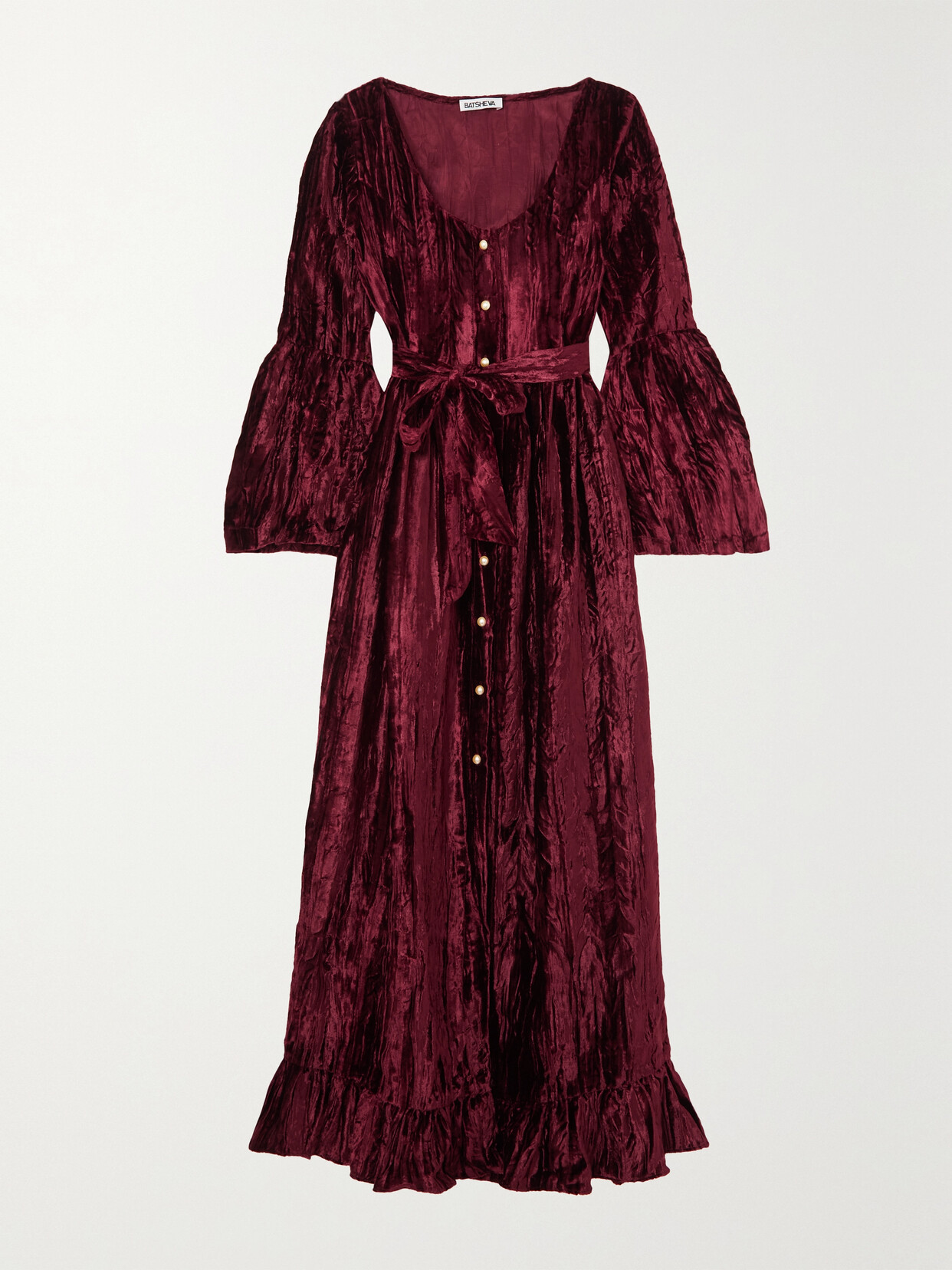 Batsheva Avery Belted Ruffled Crinkled-velvet Midi Dress In Red