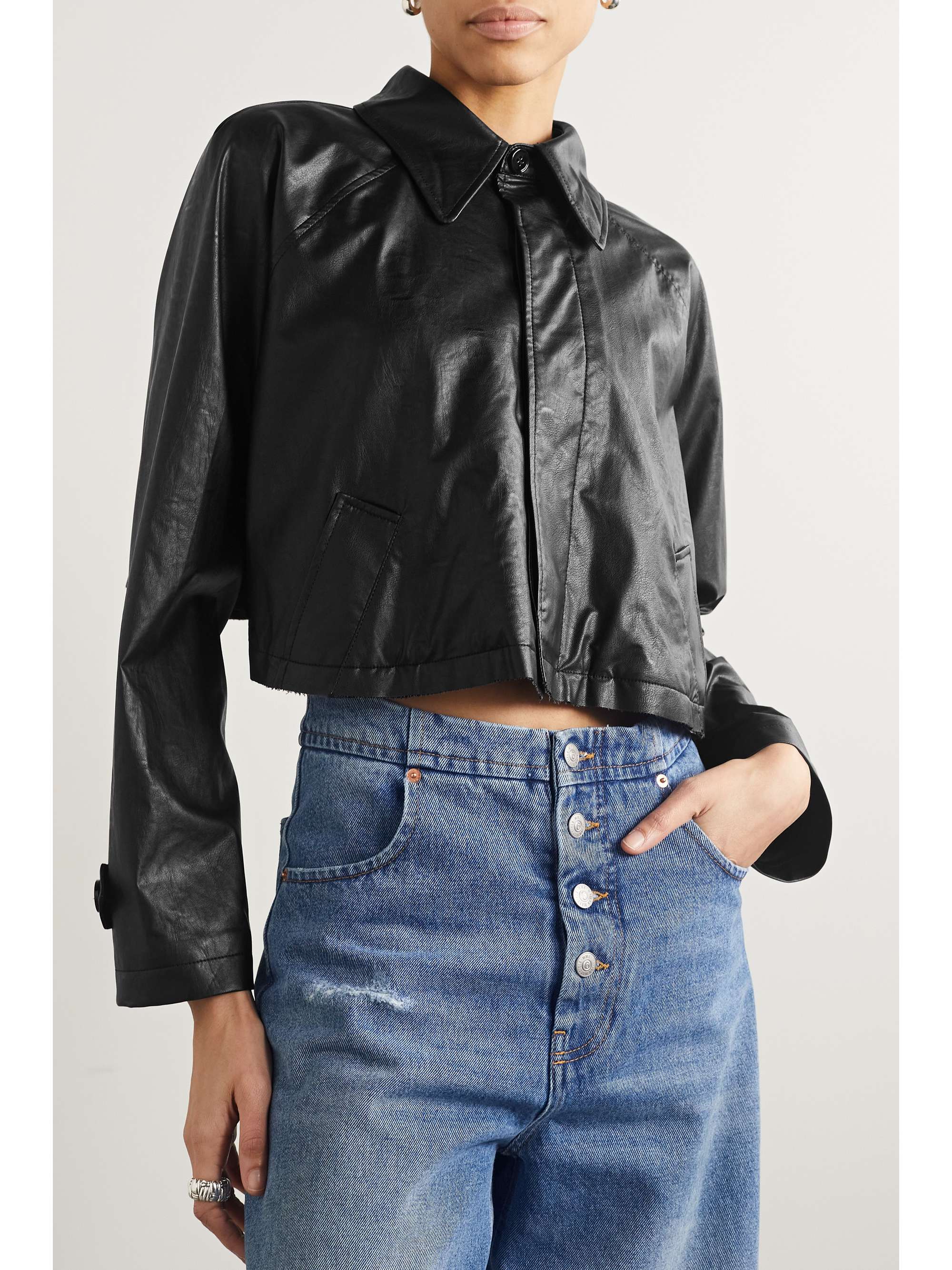Cropped distressed faux leather jacket