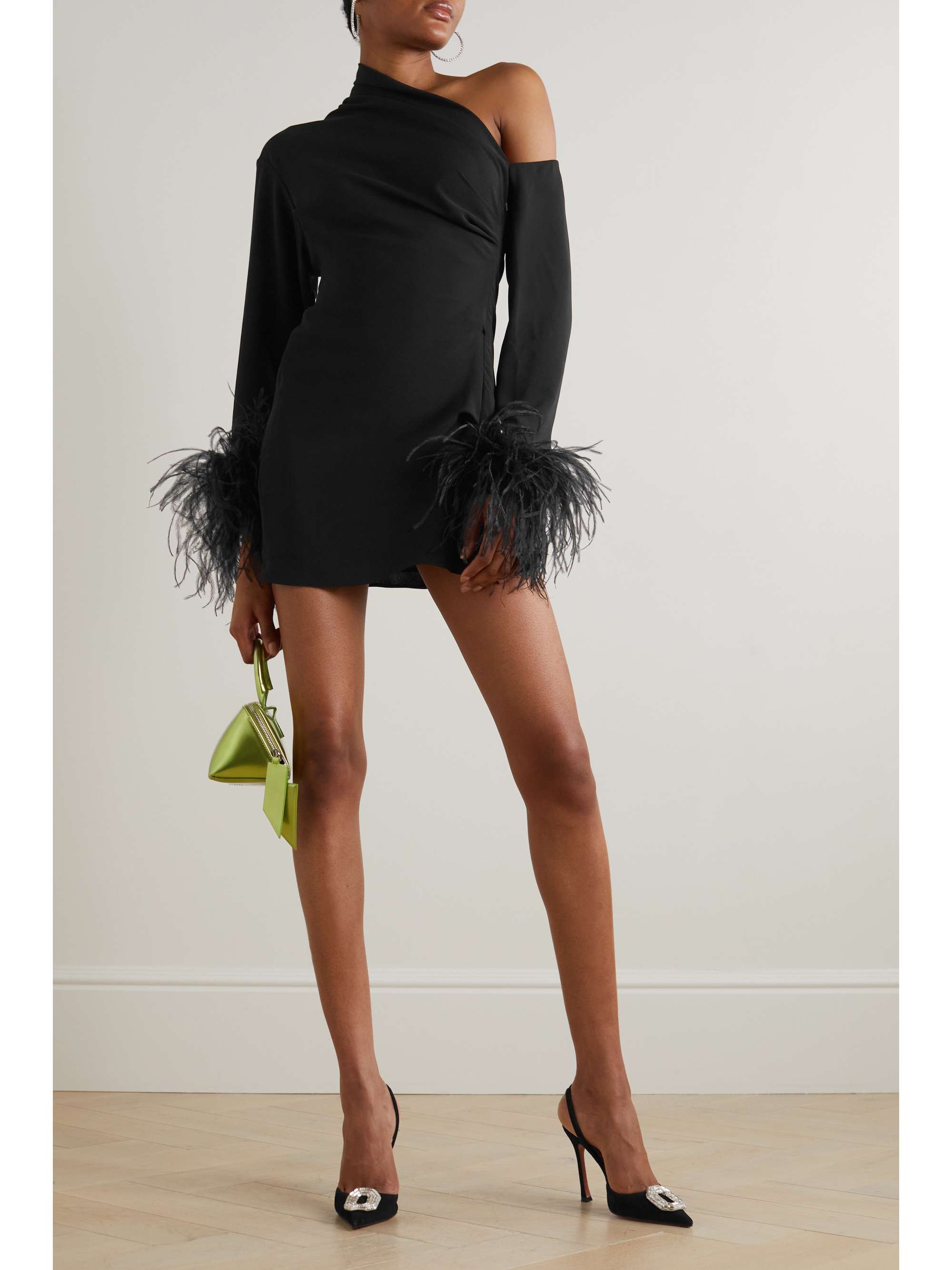 16ARLINGTON Adelaide one-shoulder feather-trimmed crepe mini
