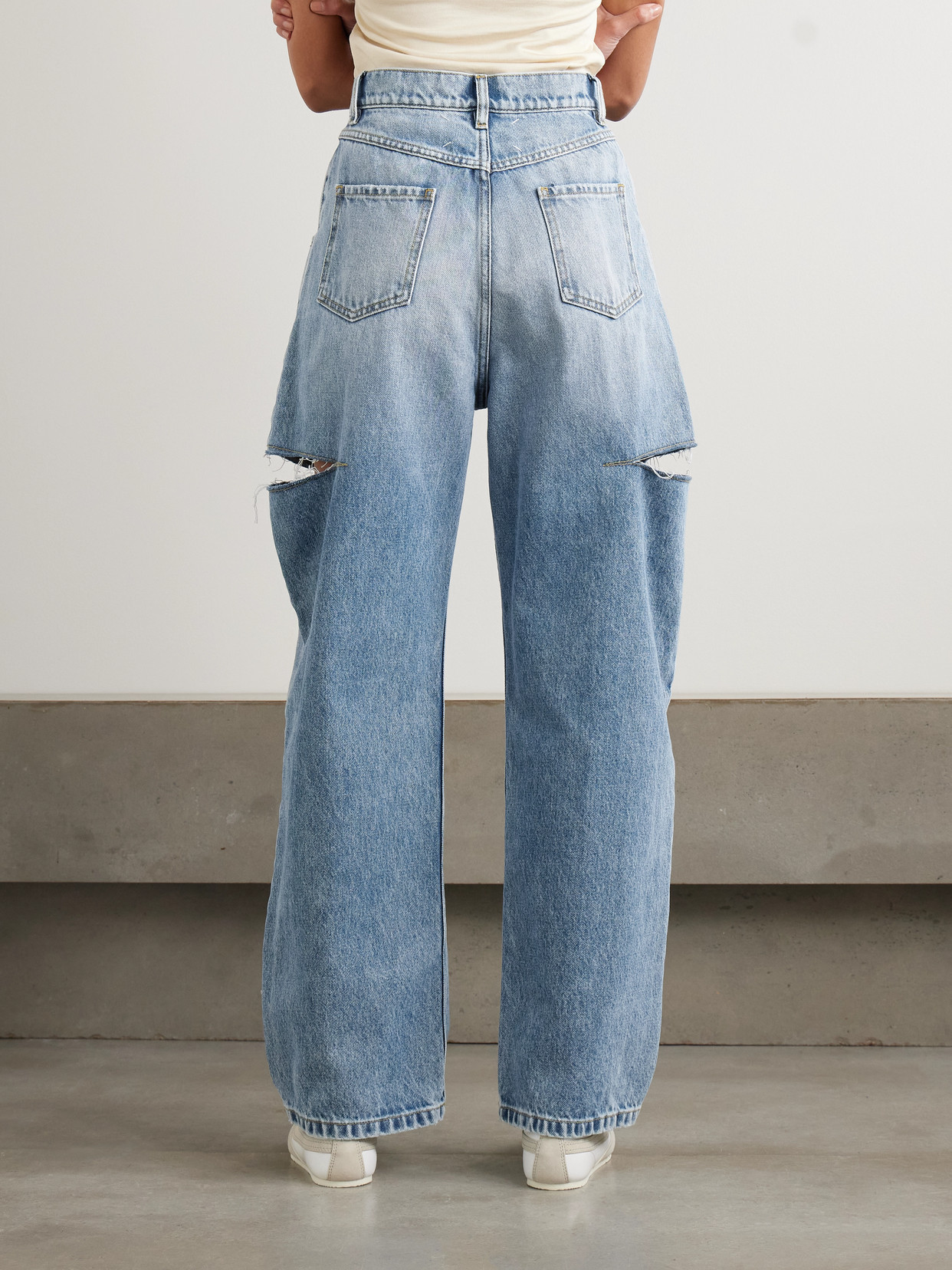 Maison Margiela Light Blue Denim Distressed Straight Leg Jeans With Cut-out In Blue
