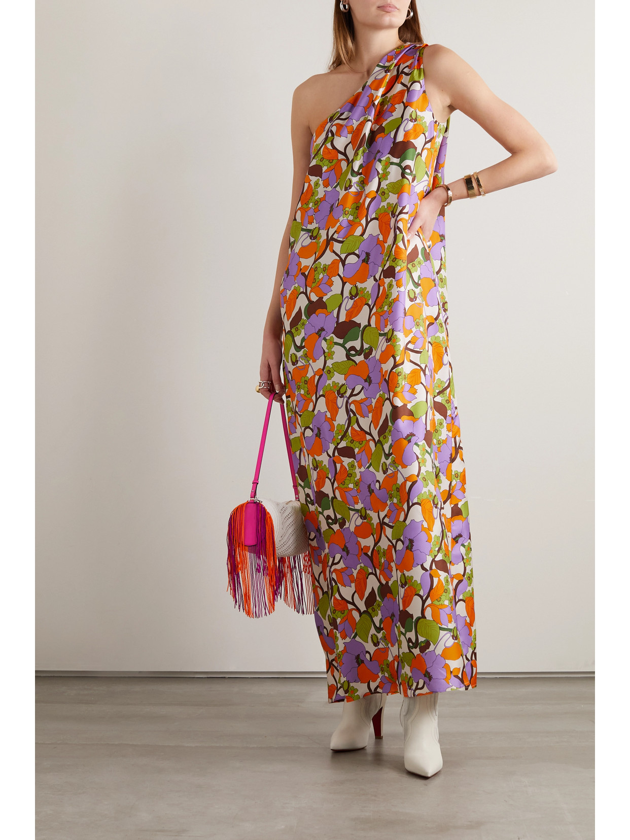 Shop La Doublej Roy One-shoulder Floral-print Silk-twill Maxi Dress In Orange