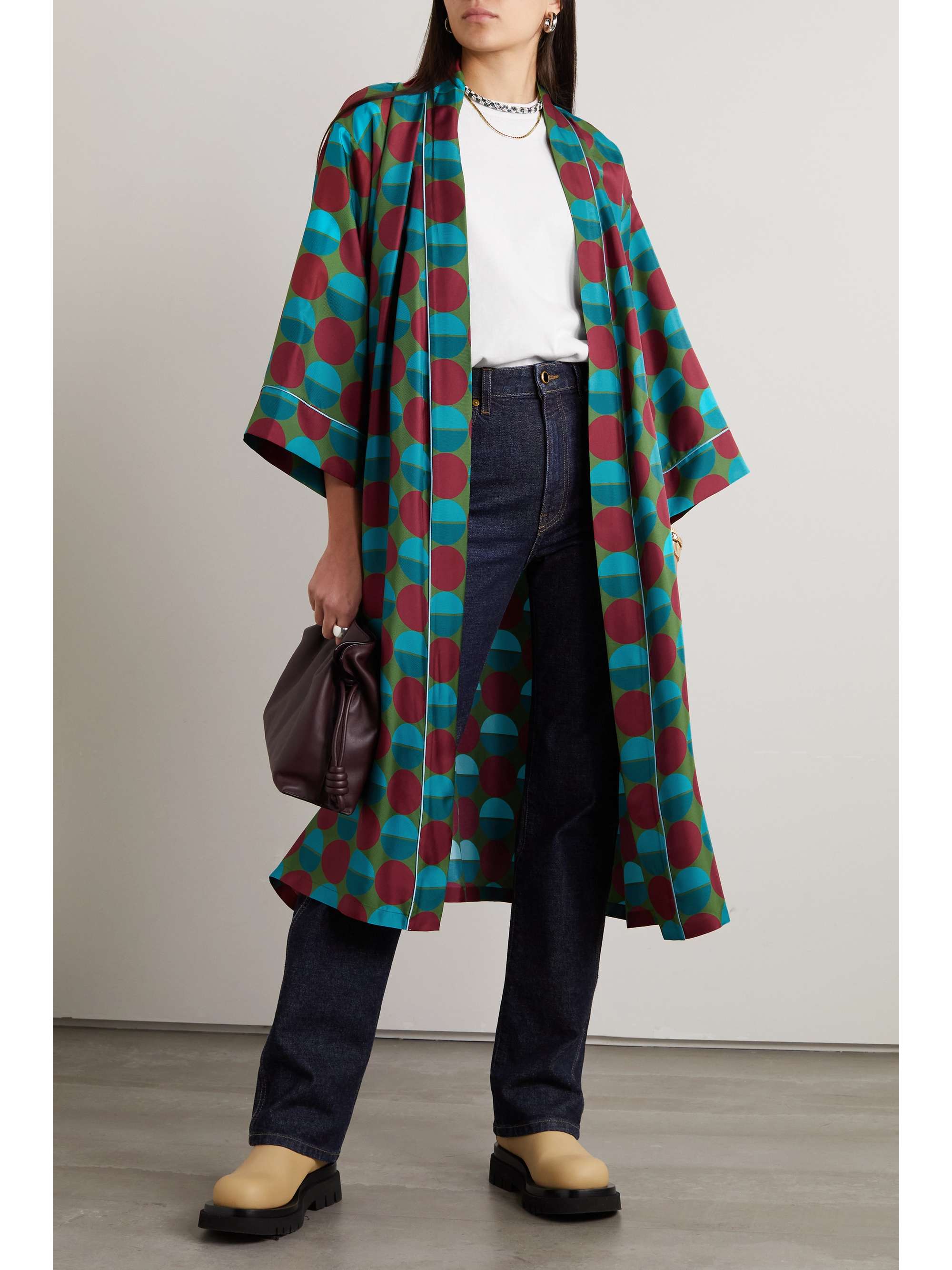 LA DOUBLEJ Belted floral-print silk-twill robe