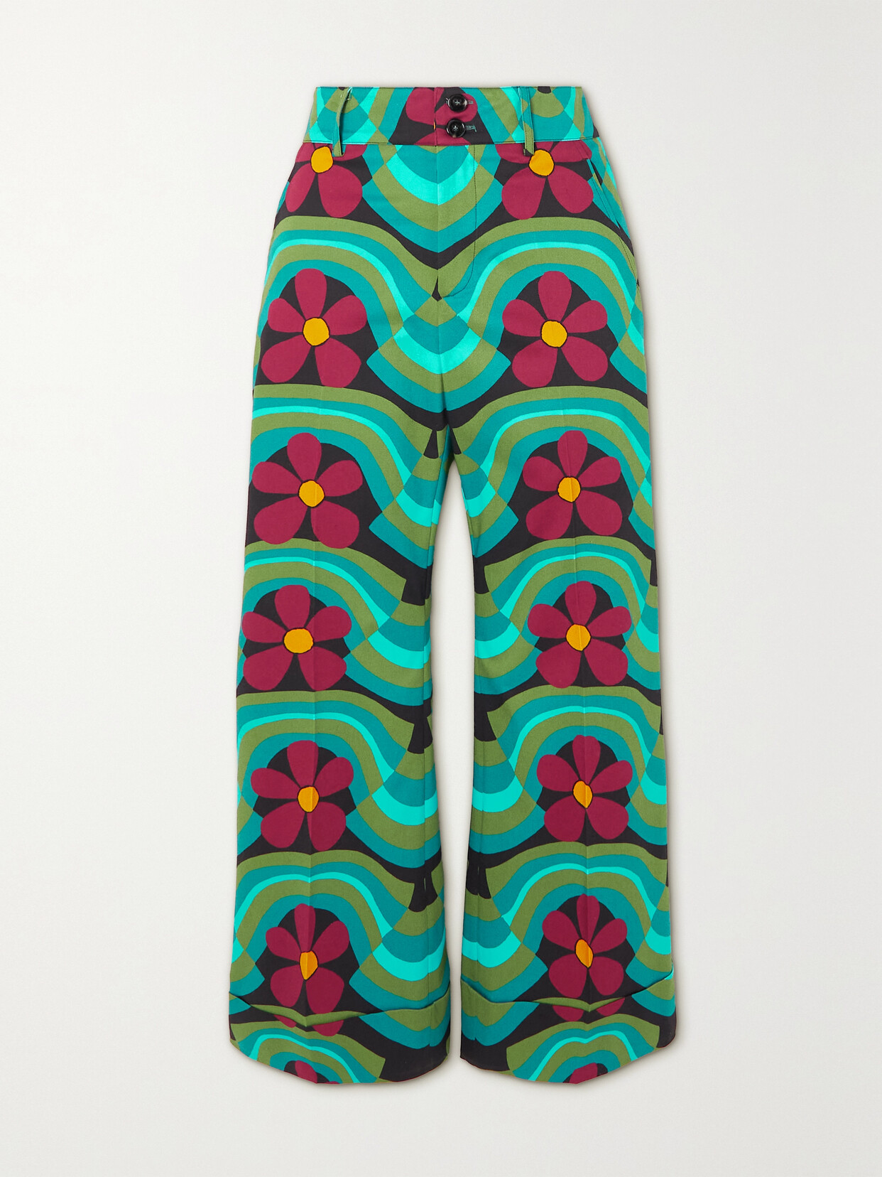 La Doublej Hendrix Cropped Floral-print Stretch-cotton Flared Trousers In Blue