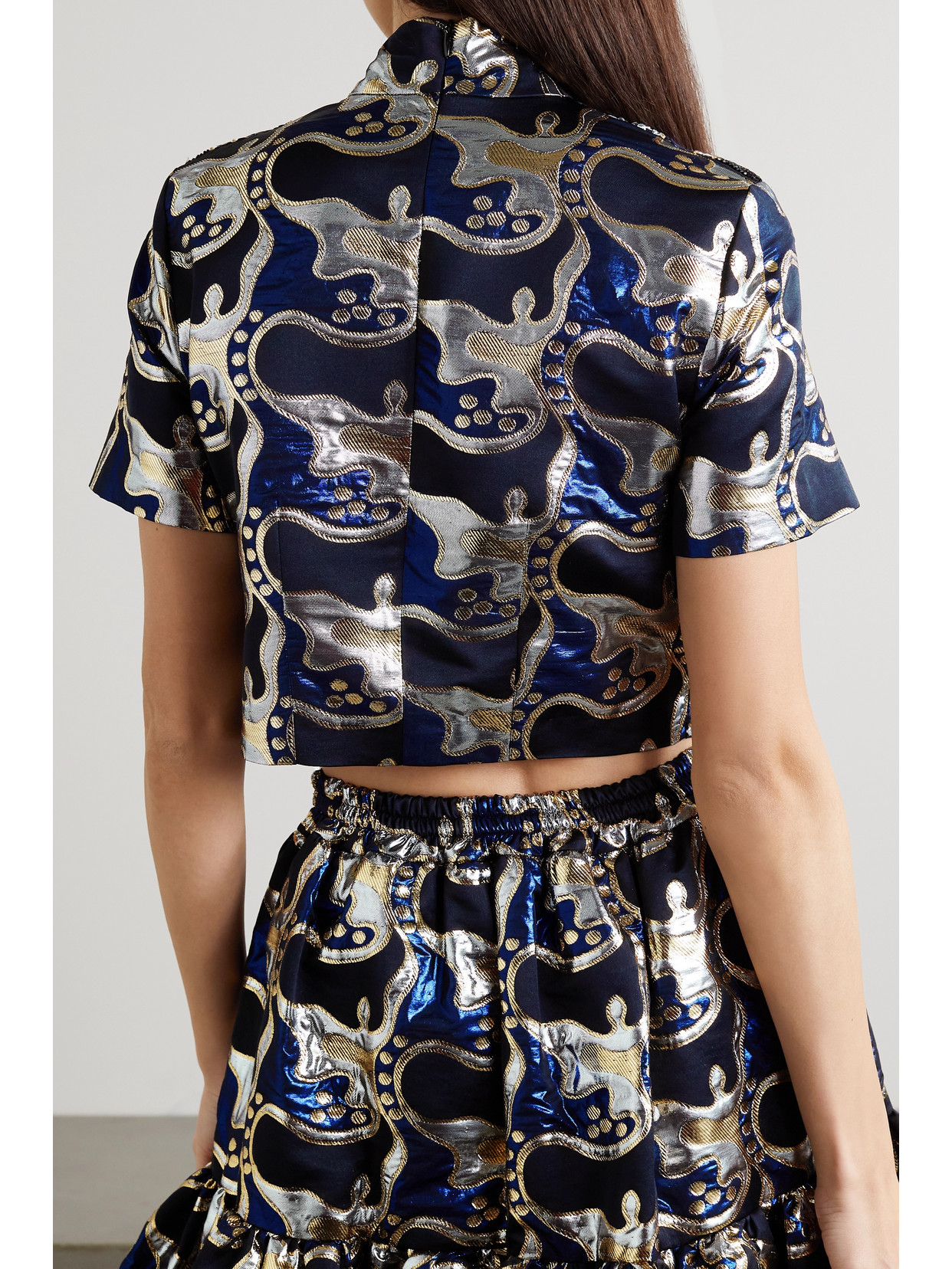 La Doublej Juliet Sequined Crepe And Brocade Turtleneck Top In Blue