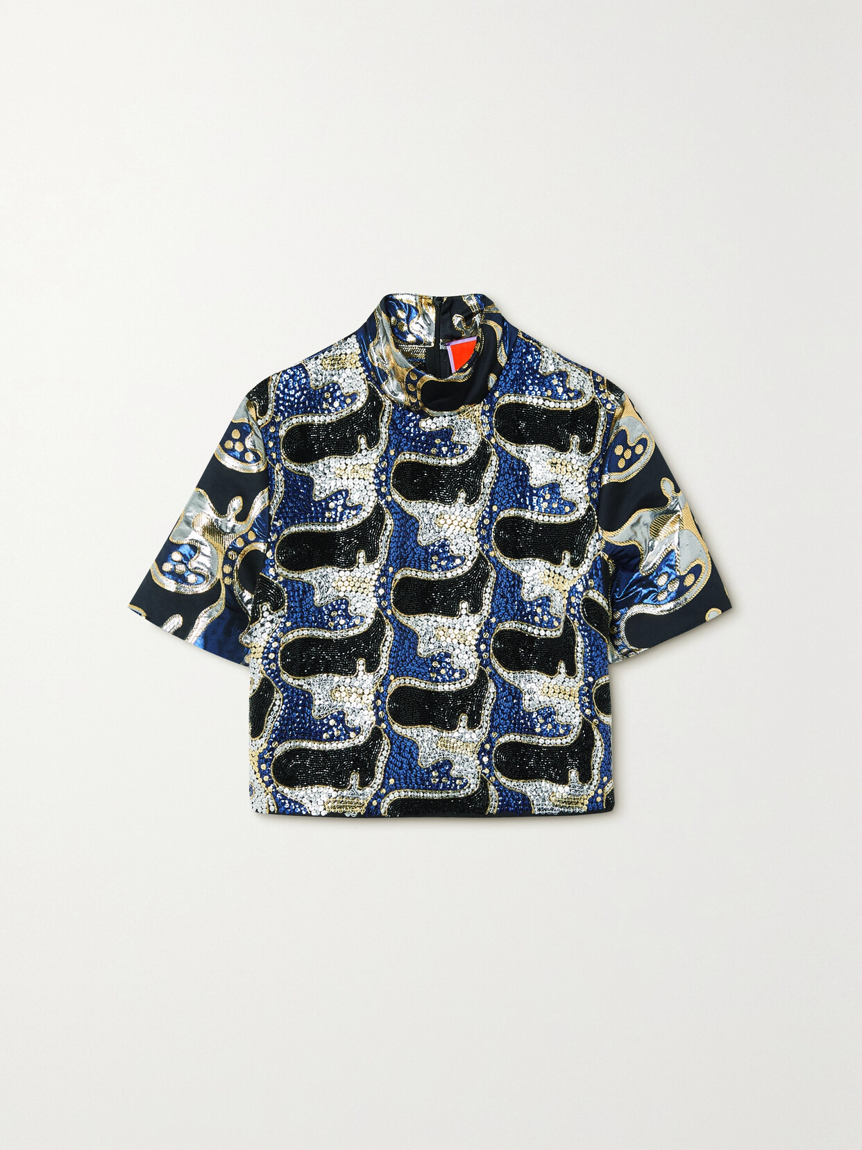 La Doublej Juliet Sequined Crepe And Brocade Turtleneck Top In Blue