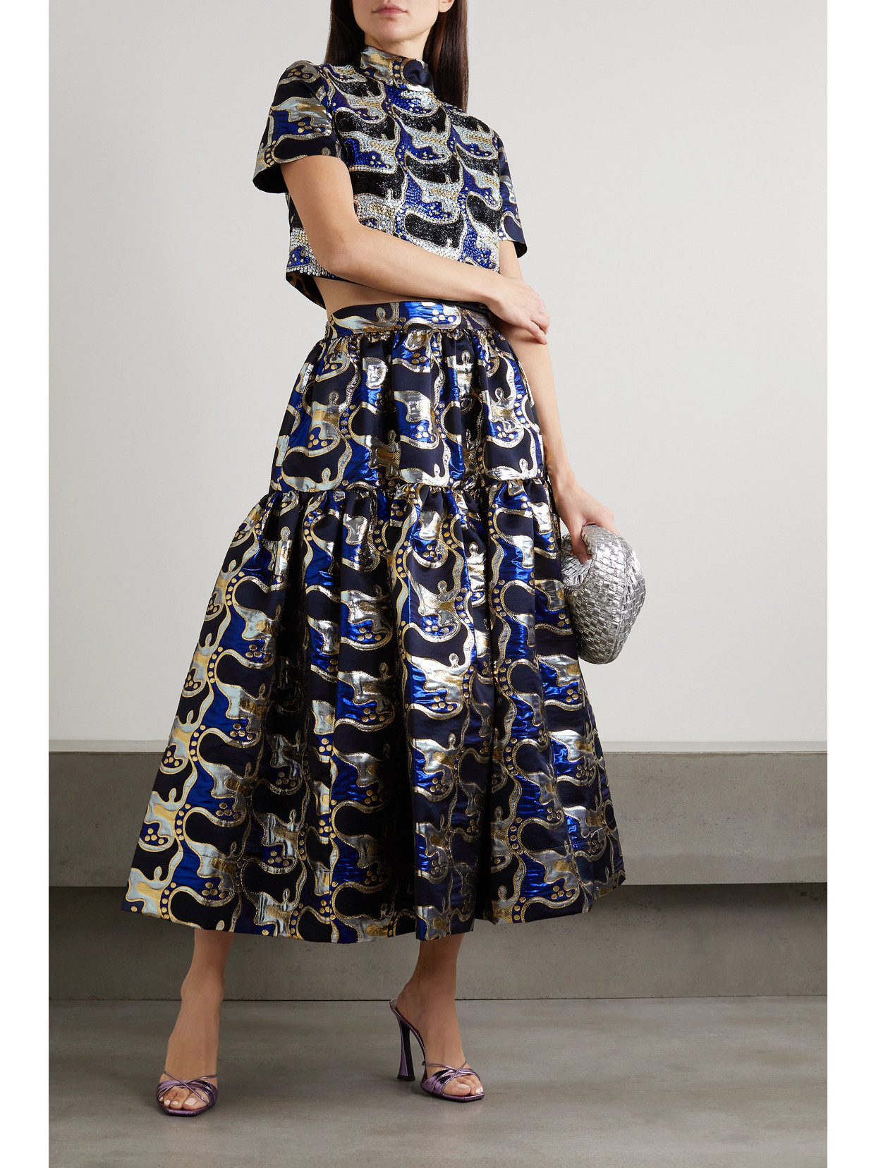 La Doublej Juliet Sequined Crepe And Brocade Turtleneck Top In Blue