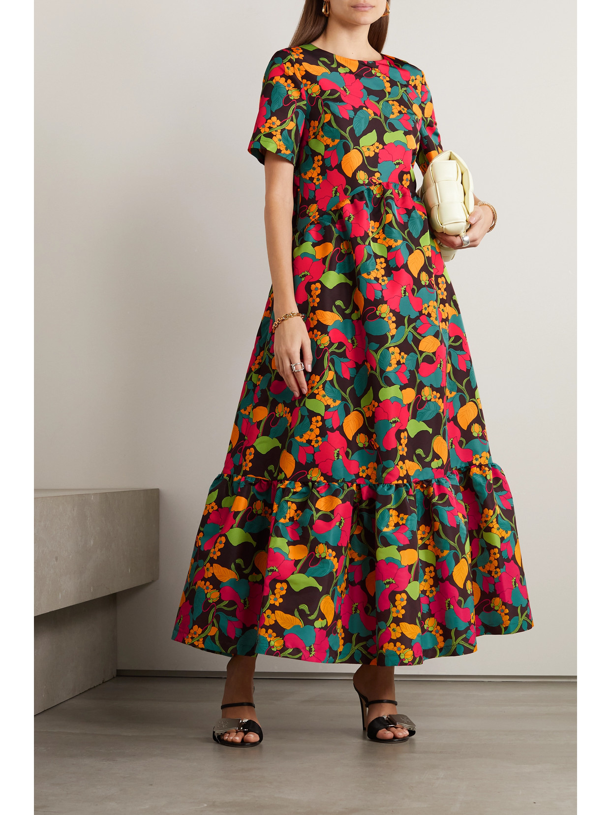 Shop La Doublej Belle Tiered Floral-print Faille Midi Dress In Red