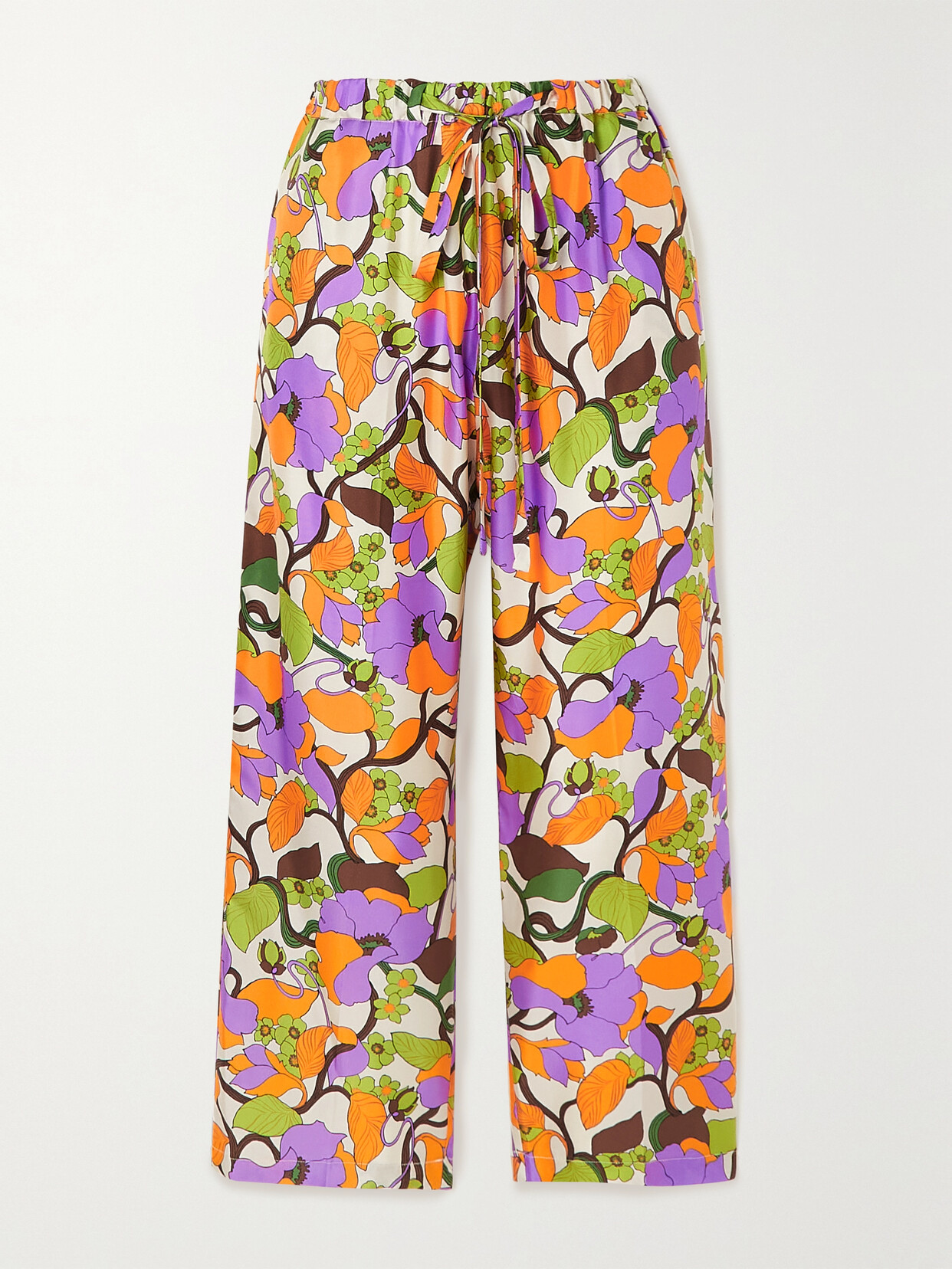 La DoubleJ - Cropped Floral-print Silk-twill Straight-leg Pants - Orange