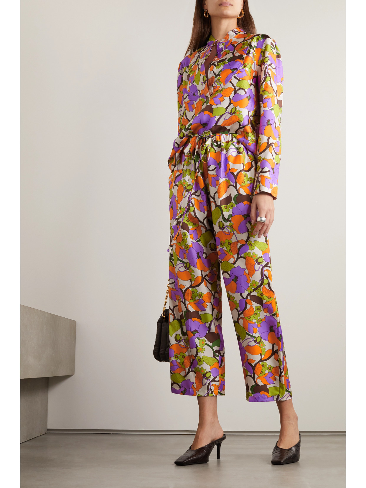 Shop La Doublej Cropped Floral-print Silk-twill Straight-leg Pants In Orange