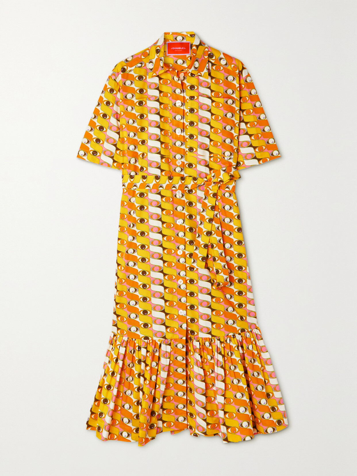 La DoubleJ - Brunch Belted Printed Cotton-poplin Midi Shirt Dress - Orange