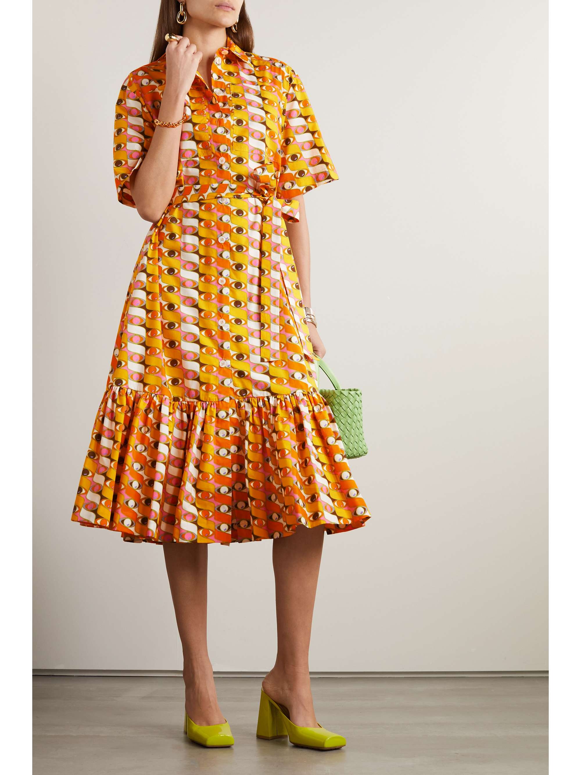 LA DOUBLEJ Brunch belted printed cotton-poplin midi shirt dress