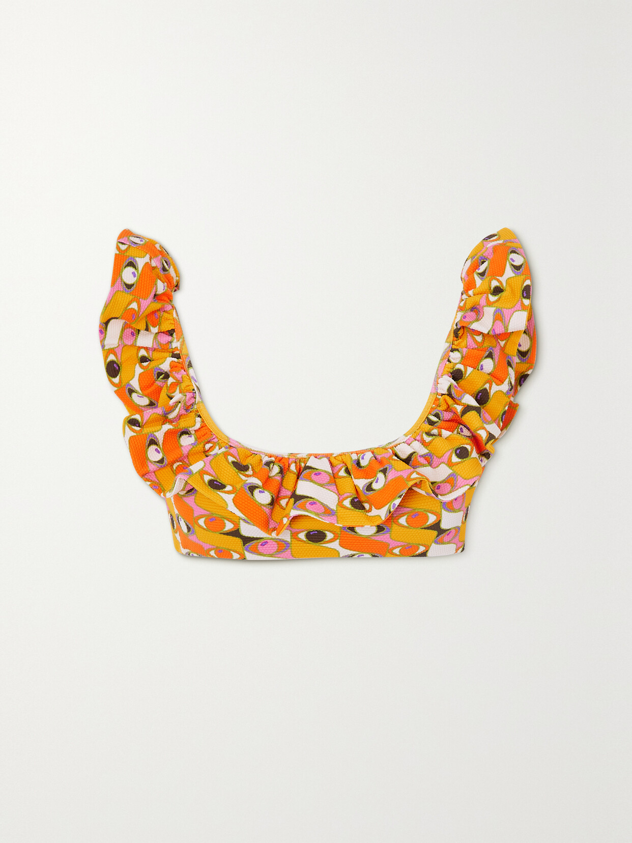 La Doublej Ruffled Printed Bikini Top In Yellow