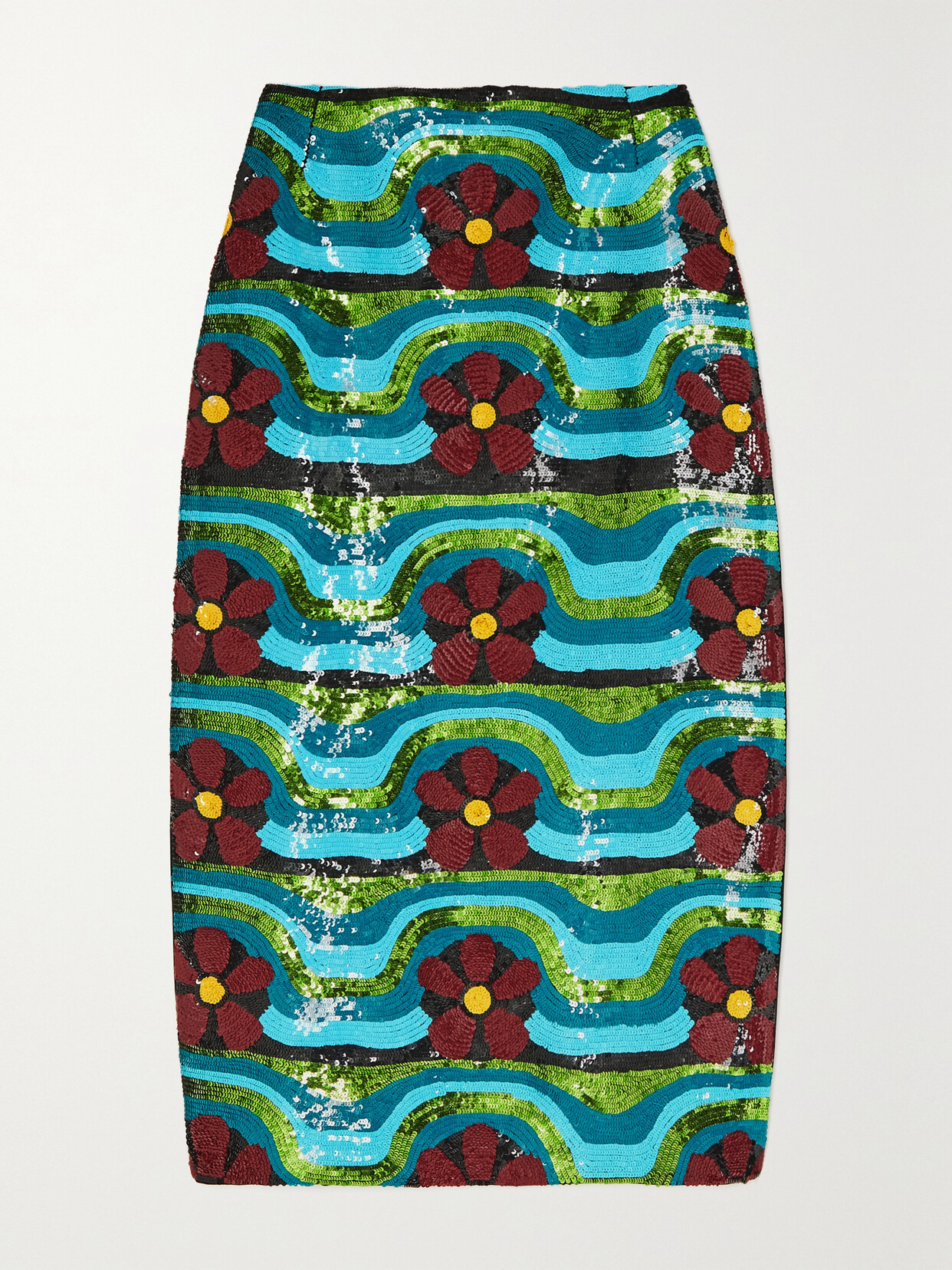 La Doublej Wavy Floral Sequin Embroidered Midi Pencil Skirt In Blue