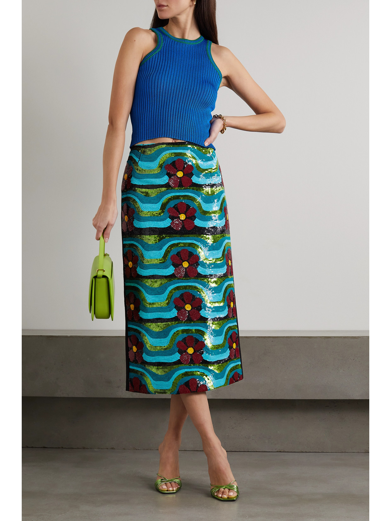La Doublej Wavy Floral Sequin Embroidered Midi Pencil Skirt In Blue