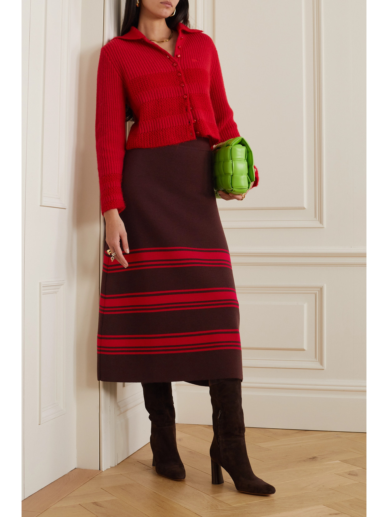 Shop La Doublej Tones Striped Merino Wool Midi Skirt In Red