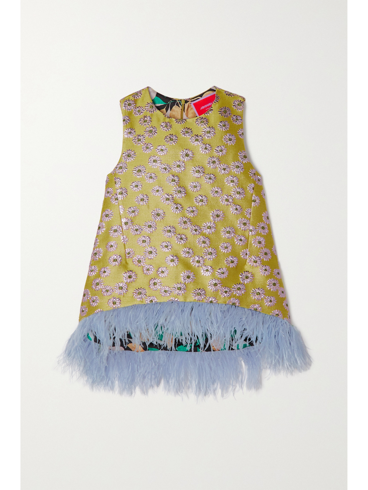 La Doublej La Scala Metallic Feather-trimmed Brocade Top In Yellow