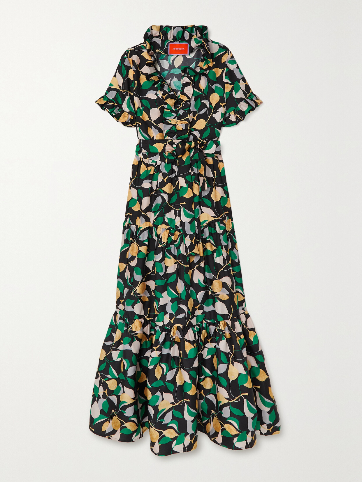 Shop La Doublej Belted Ruffled Printed Silk-twill Maxi Dress In Green