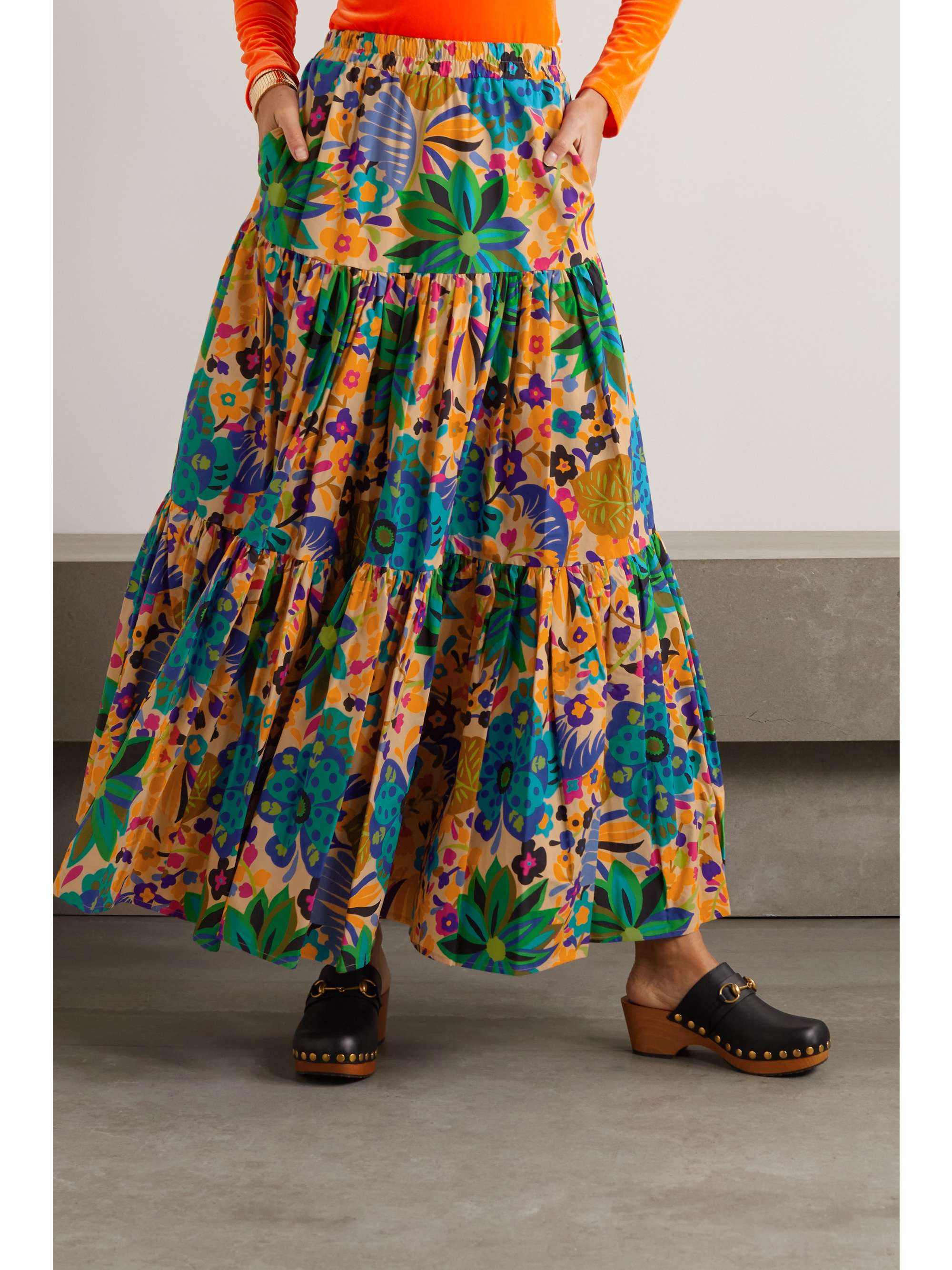 LA DOUBLEJ Tiered pleated floral-print cotton-poplin maxi skirt