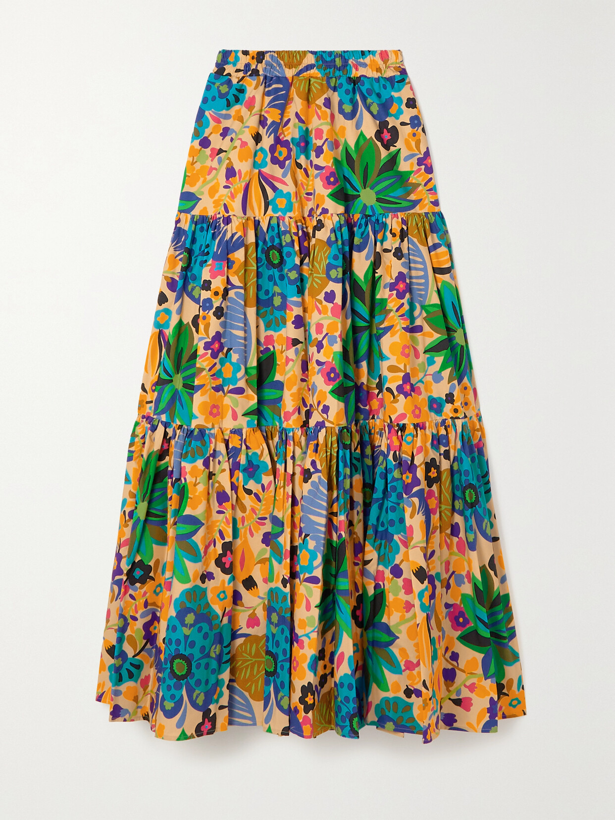 La DoubleJ Tiered Pleated Floral-print Cotton-poplin Maxi Skirt - Blue