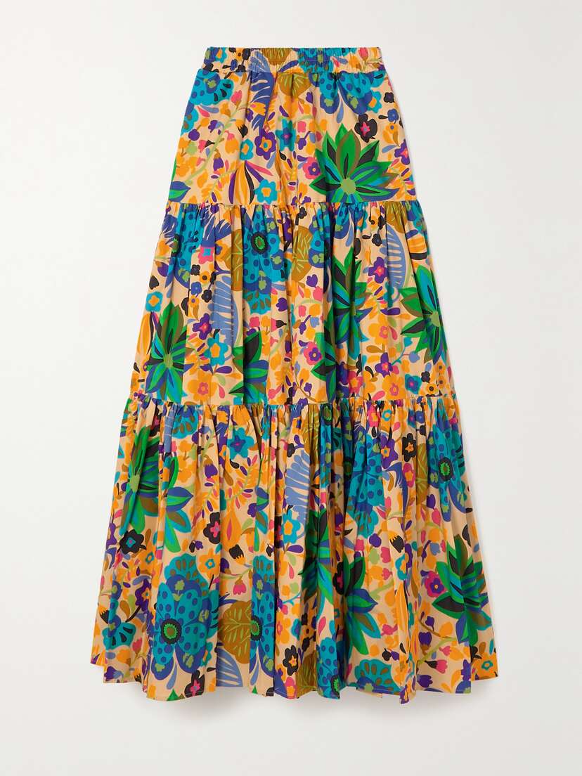 La DoubleJ Tiered Pleated Floral-print Cotton-poplin Maxi Skirt -  - xx large