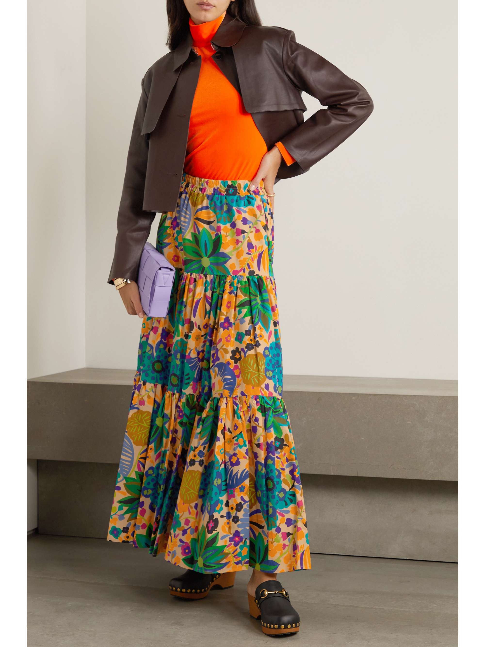 LA DOUBLEJ Tiered pleated floral-print cotton-poplin maxi skirt