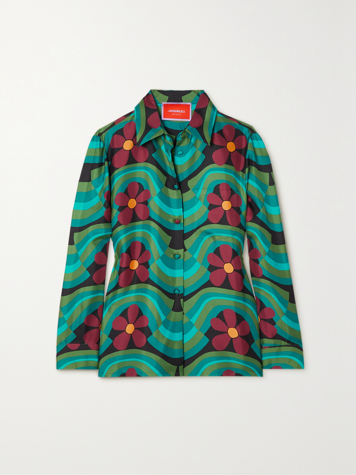 La Doublej Boy Flower And Wave Print Button-down Silk Shirt In Green
