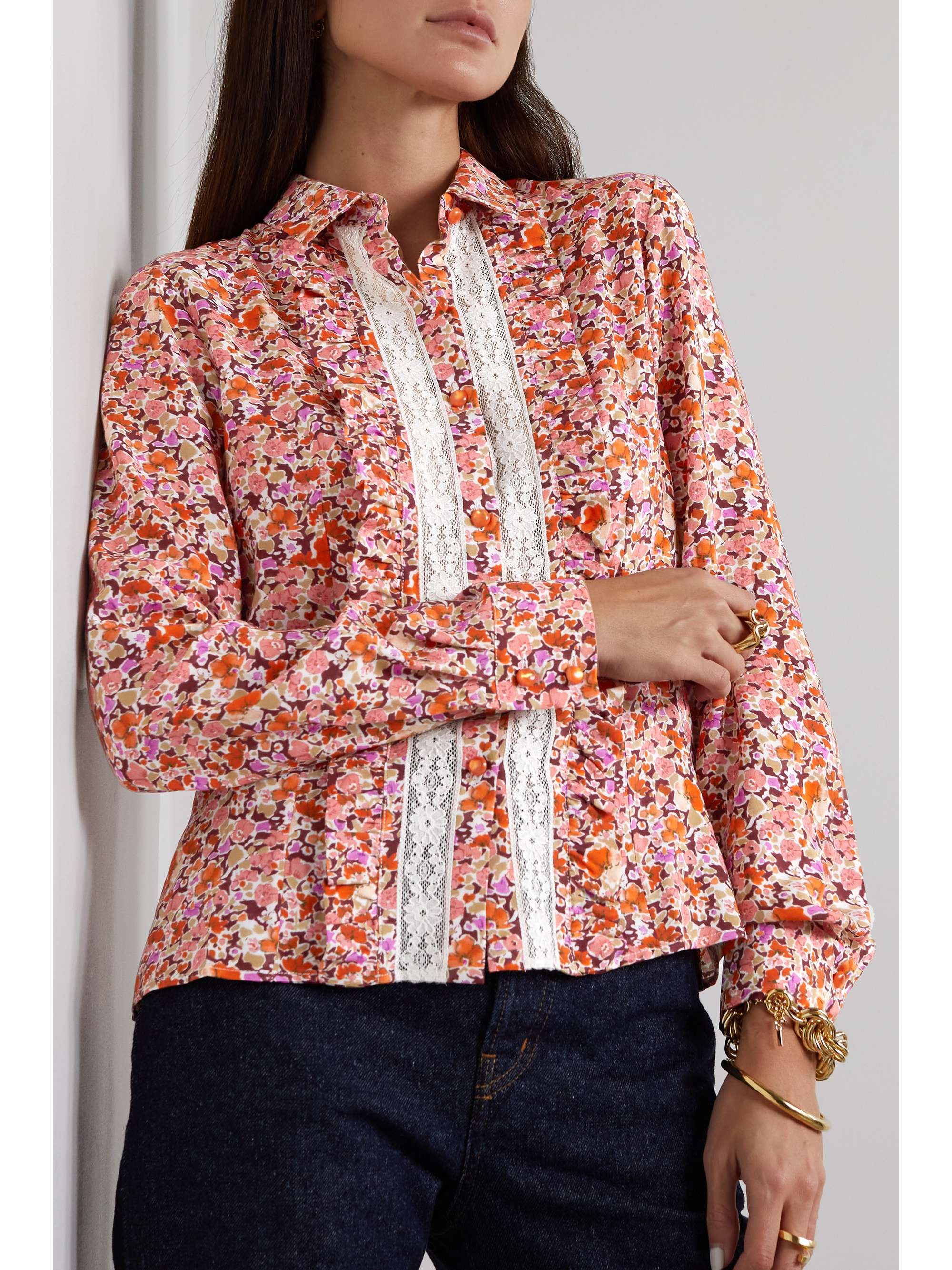 LORETTA CAPONI + NET SUSTAIN Bruna lace-trimmed floral-print woven shirt