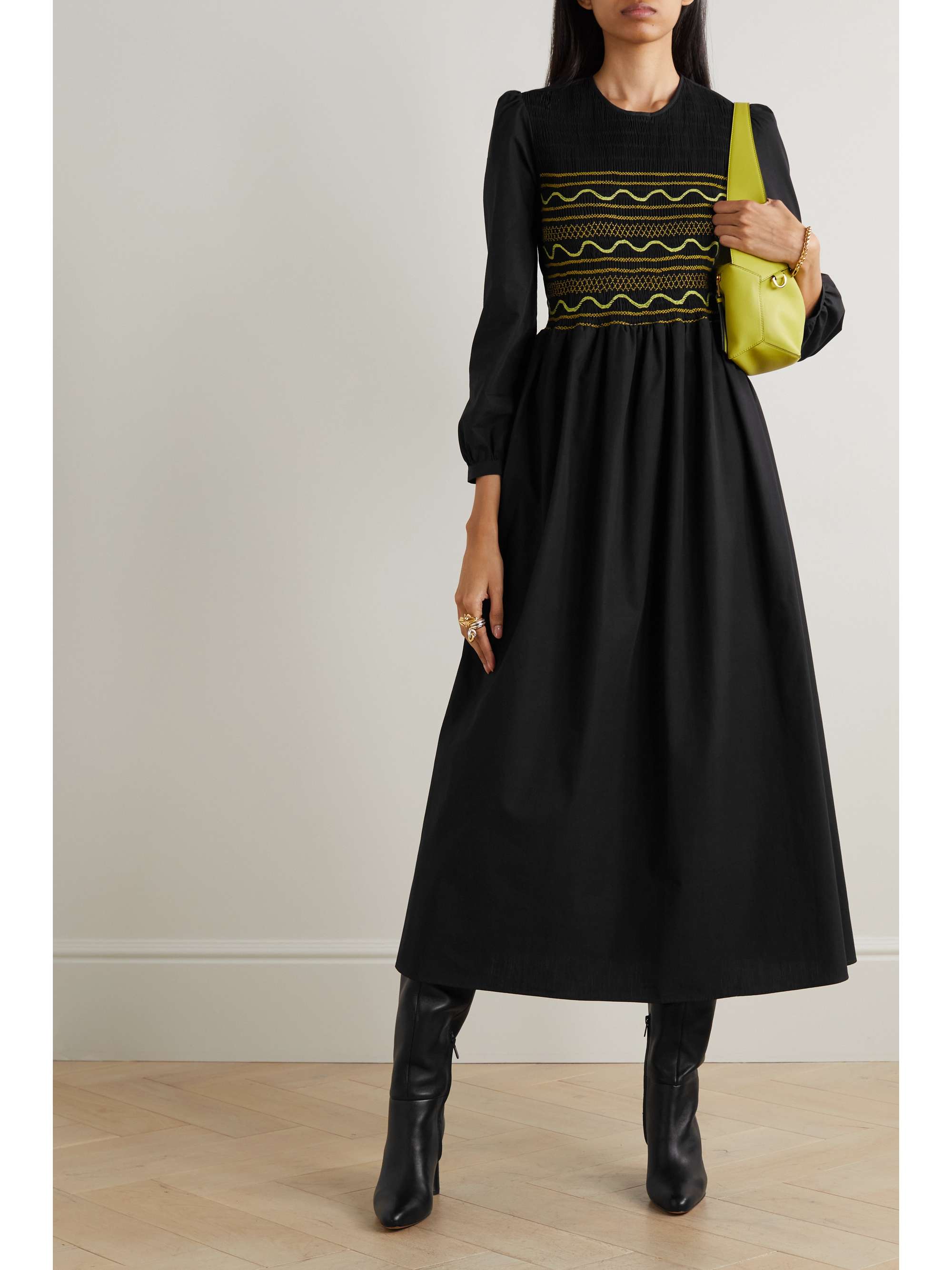 LORETTA CAPONI + NET SUSTAIN Lea embroidered smocked cotton-poplin midi dress