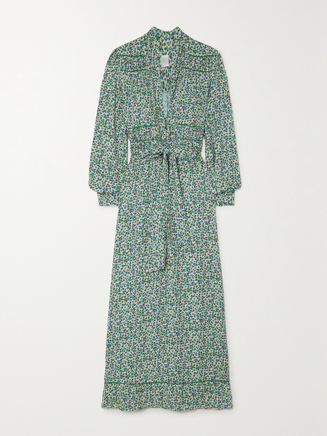 Loretta Caponi + Net Sustain Krizia Belted Embroidered Floral-print Twill Maxi Dress - Green