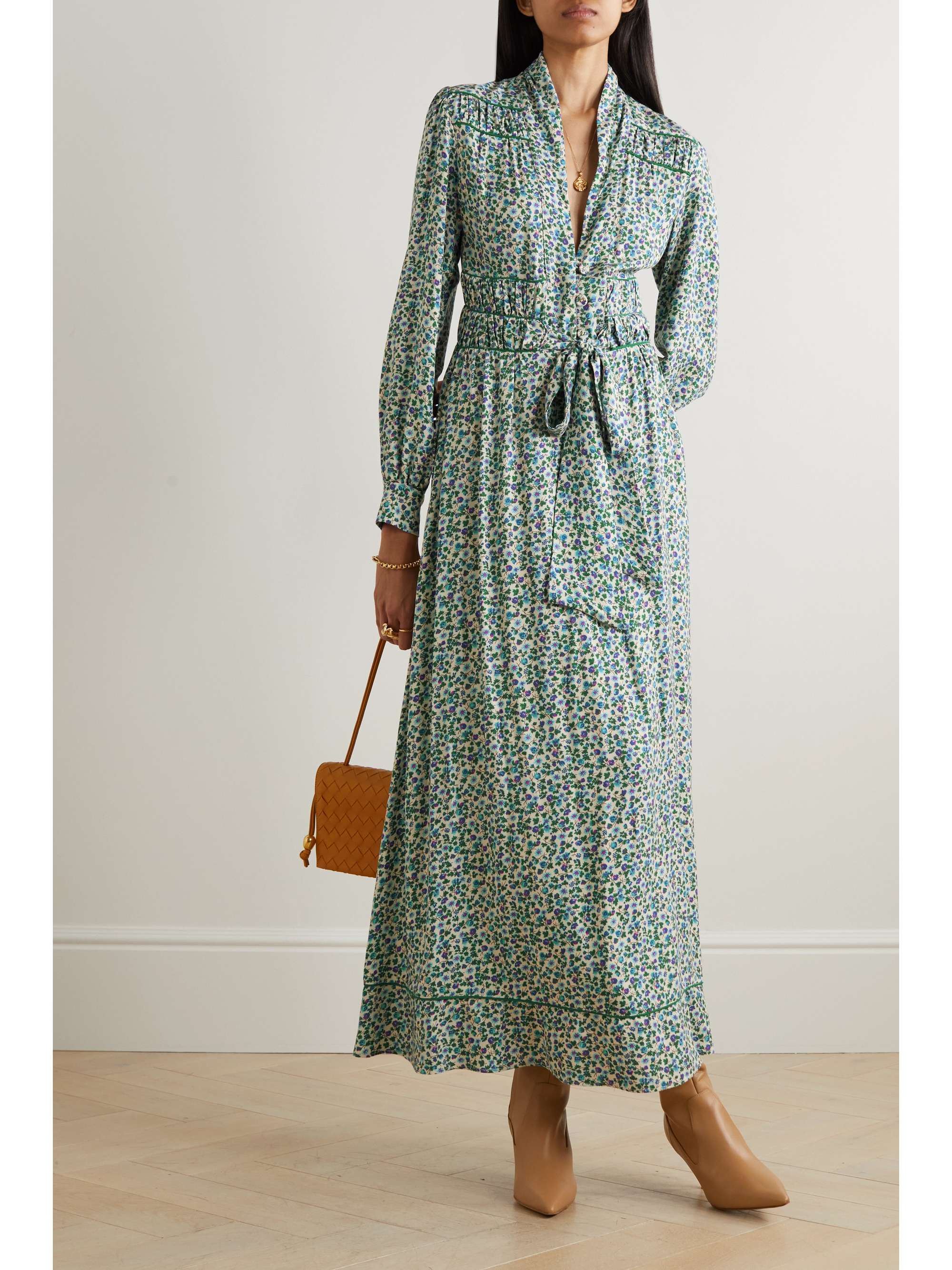 LORETTA CAPONI + NET SUSTAIN Krizia belted embroidered floral-print twill maxi dress