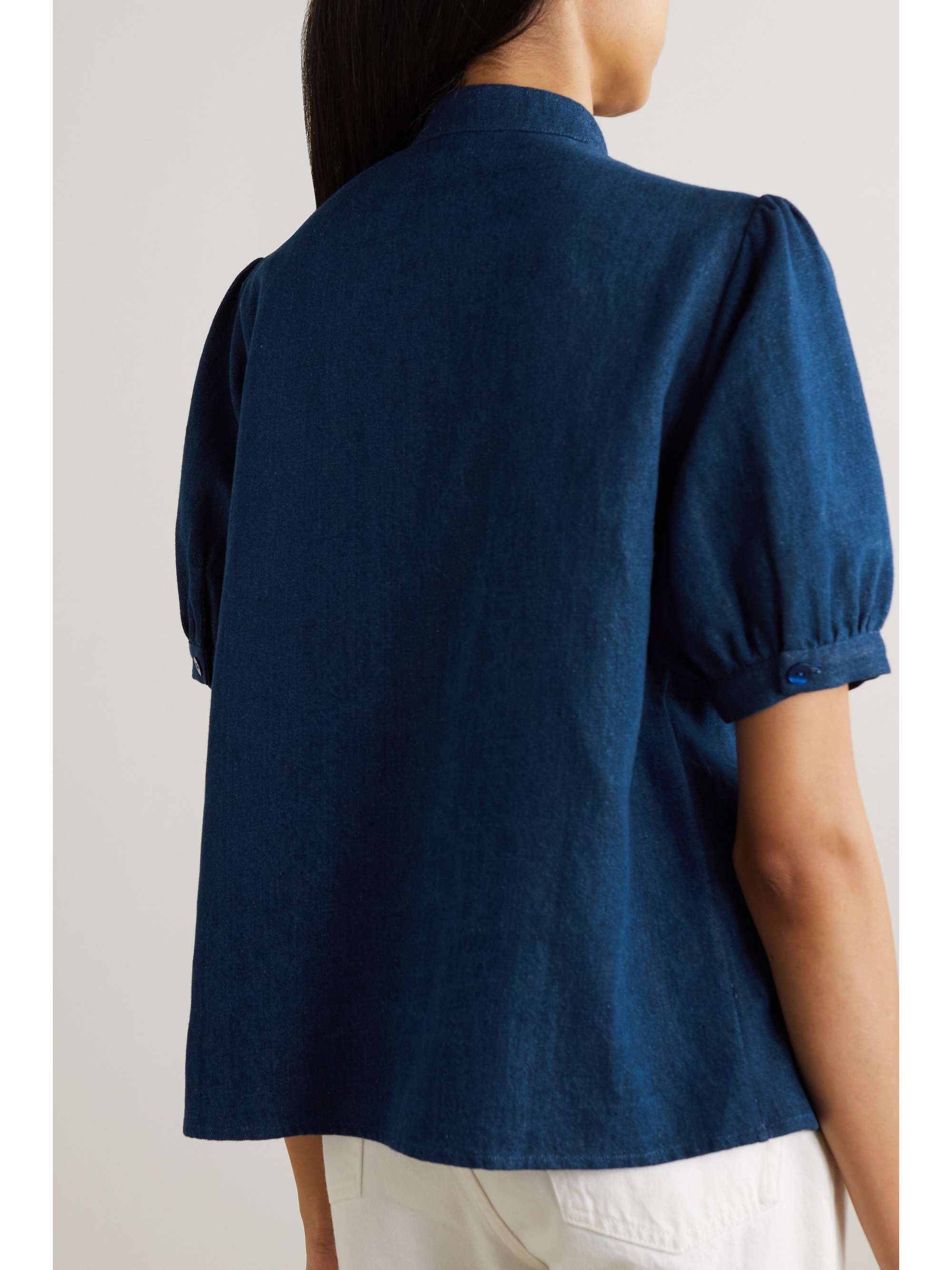 LORETTA CAPONI + NET SUSTAIN Iole embroidered smocked cotton and linen-blend blouse