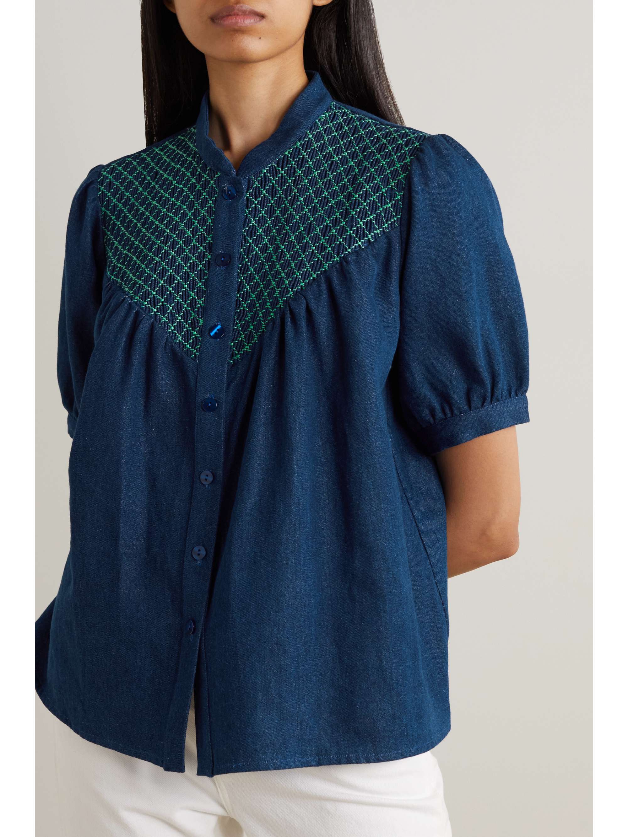 LORETTA CAPONI + NET SUSTAIN Iole embroidered smocked cotton and linen-blend blouse