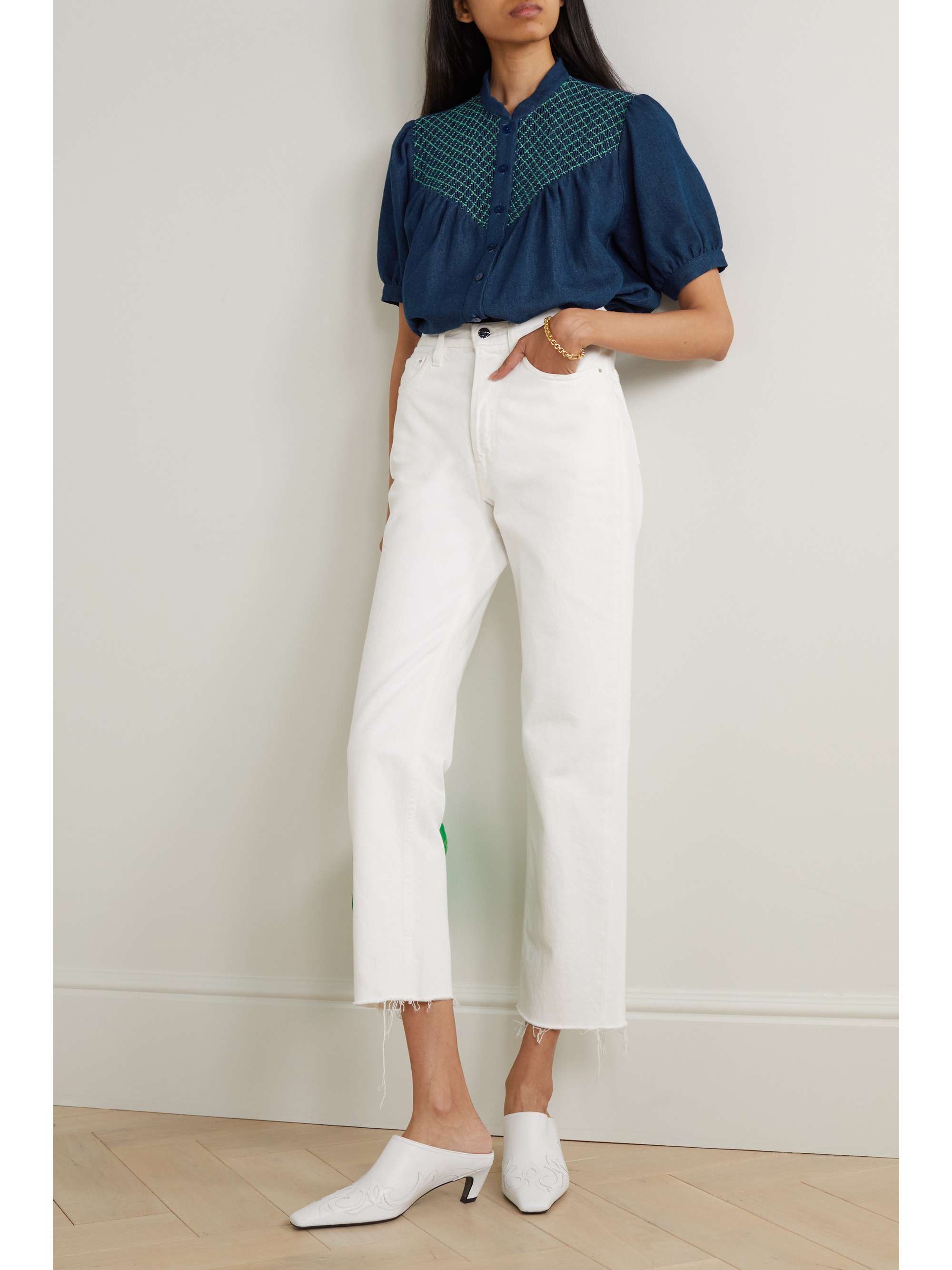 LORETTA CAPONI + NET SUSTAIN Iole embroidered smocked cotton and linen-blend blouse