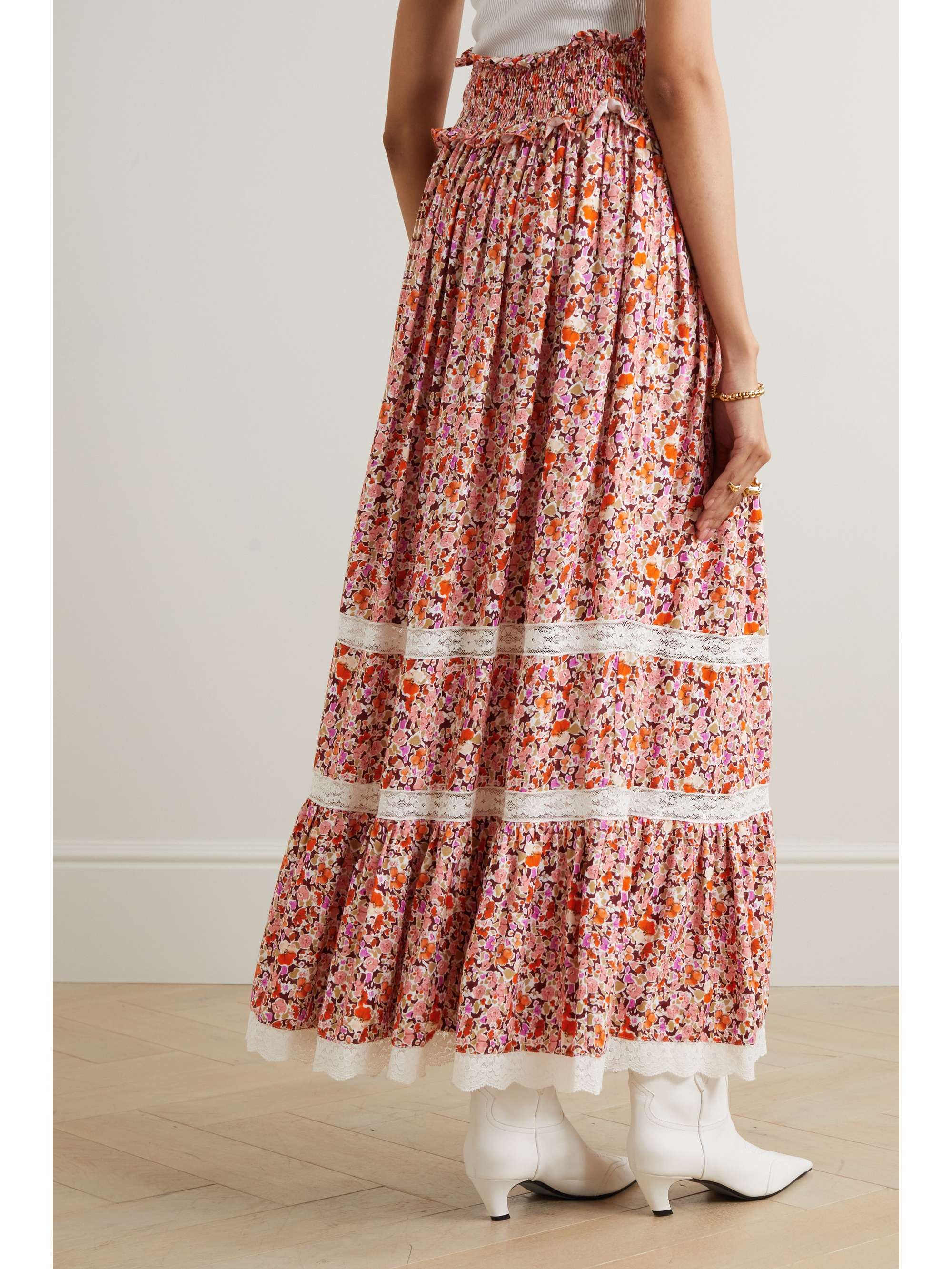 LORETTA CAPONI + NET SUSTAIN Clotilde lace-trimmed floral-print crepe de chine maxi skirt