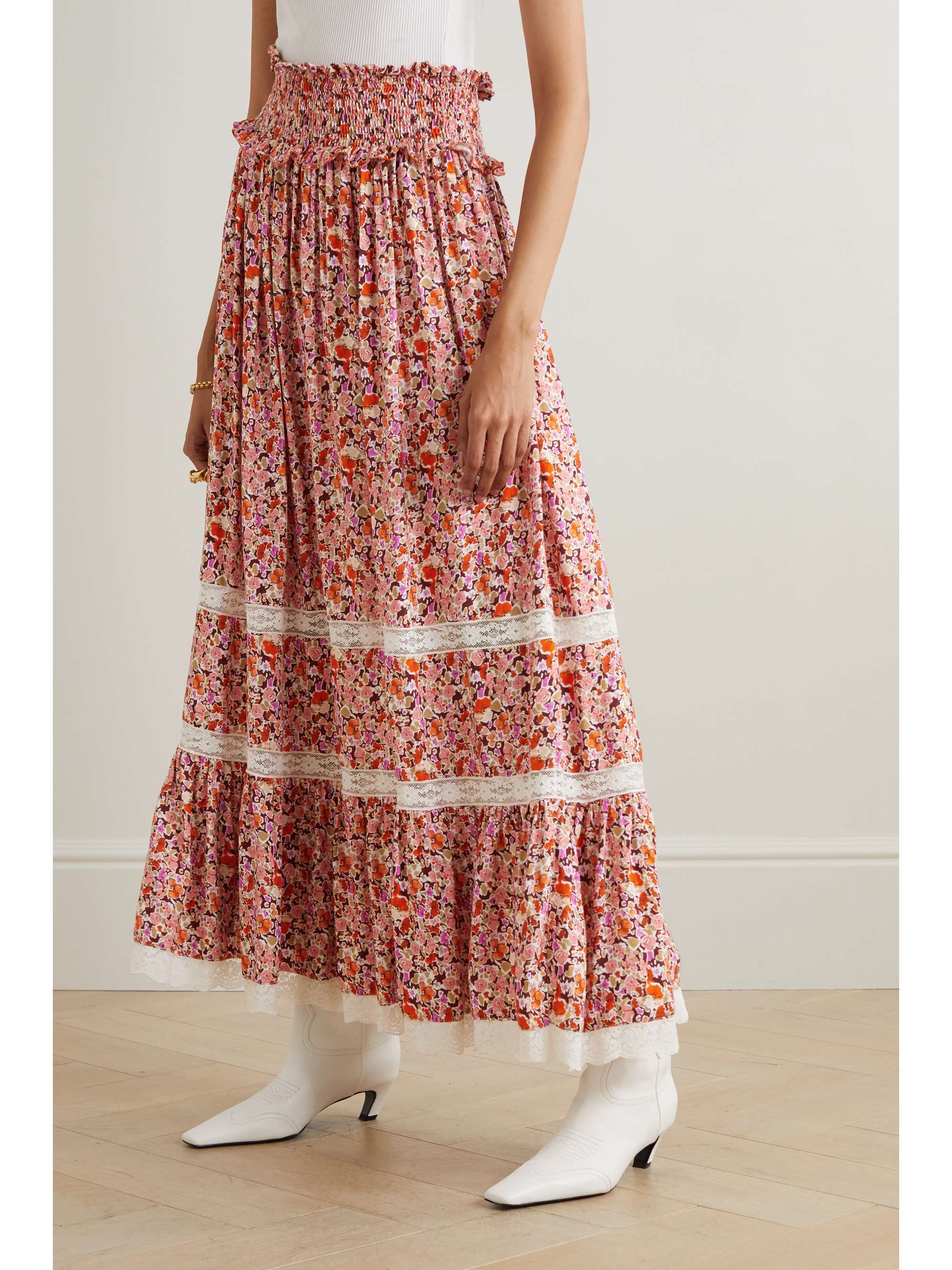 LORETTA CAPONI + NET SUSTAIN Clotilde lace-trimmed floral-print crepe de chine maxi skirt