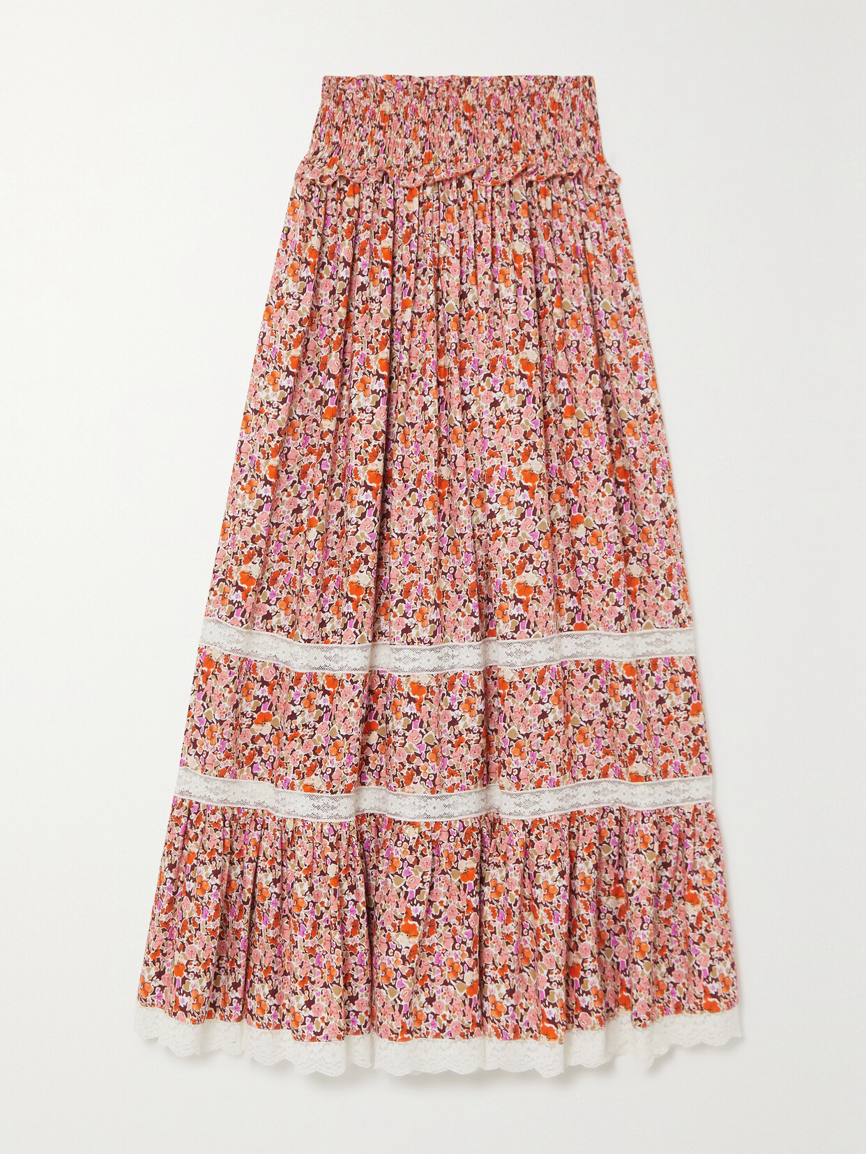 Loretta Caponi + Net Sustain Clotilde Lace-trimmed Floral-print Crepe De Chine Maxi Skirt - Red