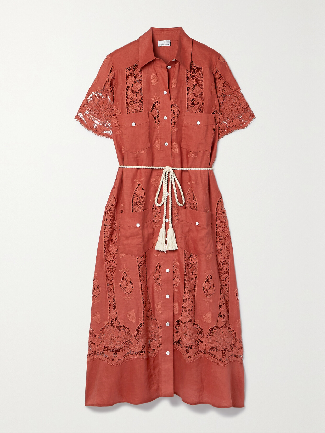 Miguelina - + Net Sustain Berly Belted Corded-lace And Linen Midi Dress - Orange