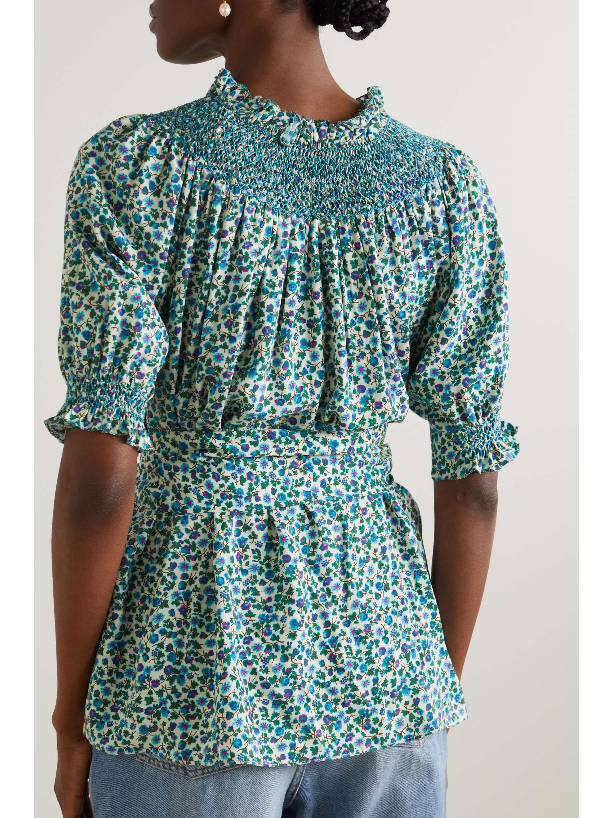 LORETTA CAPONI + NET SUSTAIN Maria belted embroidered floral-print woven top