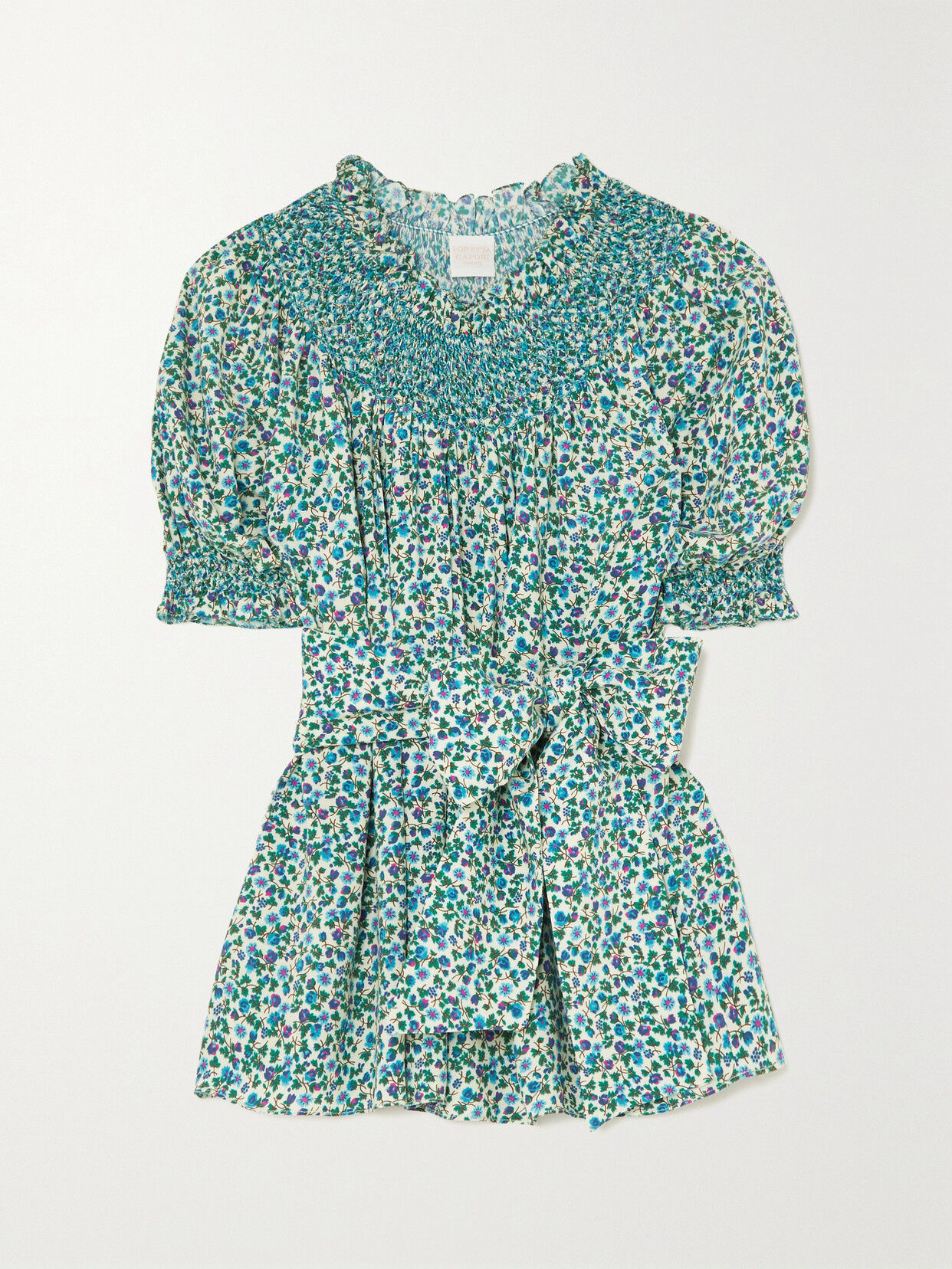 Loretta Caponi + Net Sustain Maria Belted Embroidered Floral-print Woven Top - Green