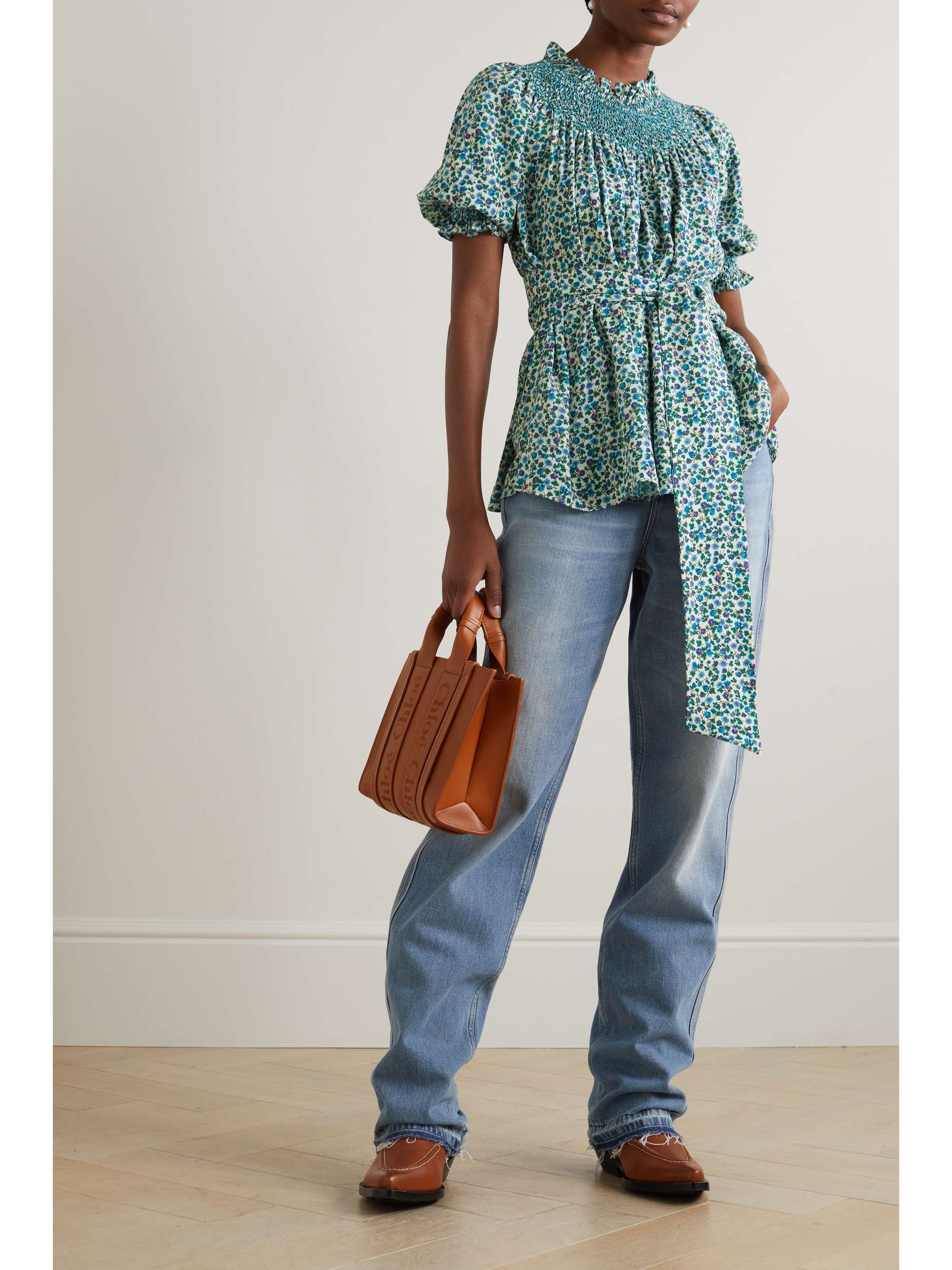 LORETTA CAPONI + NET SUSTAIN Maria belted embroidered floral-print woven top