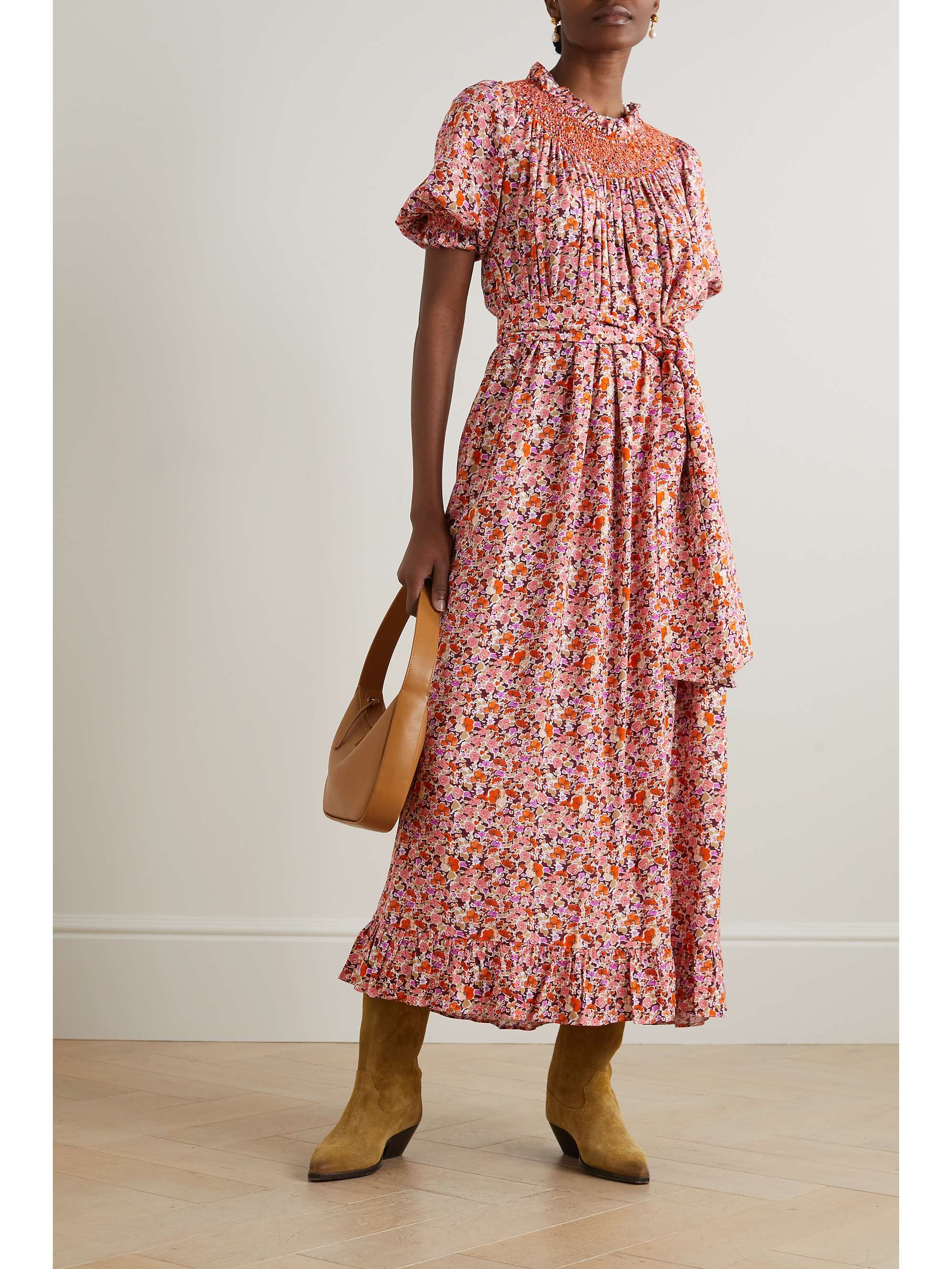 LORETTA CAPONI + NET SUSTAIN Loretta belted embroidered floral-print woven maxi dress