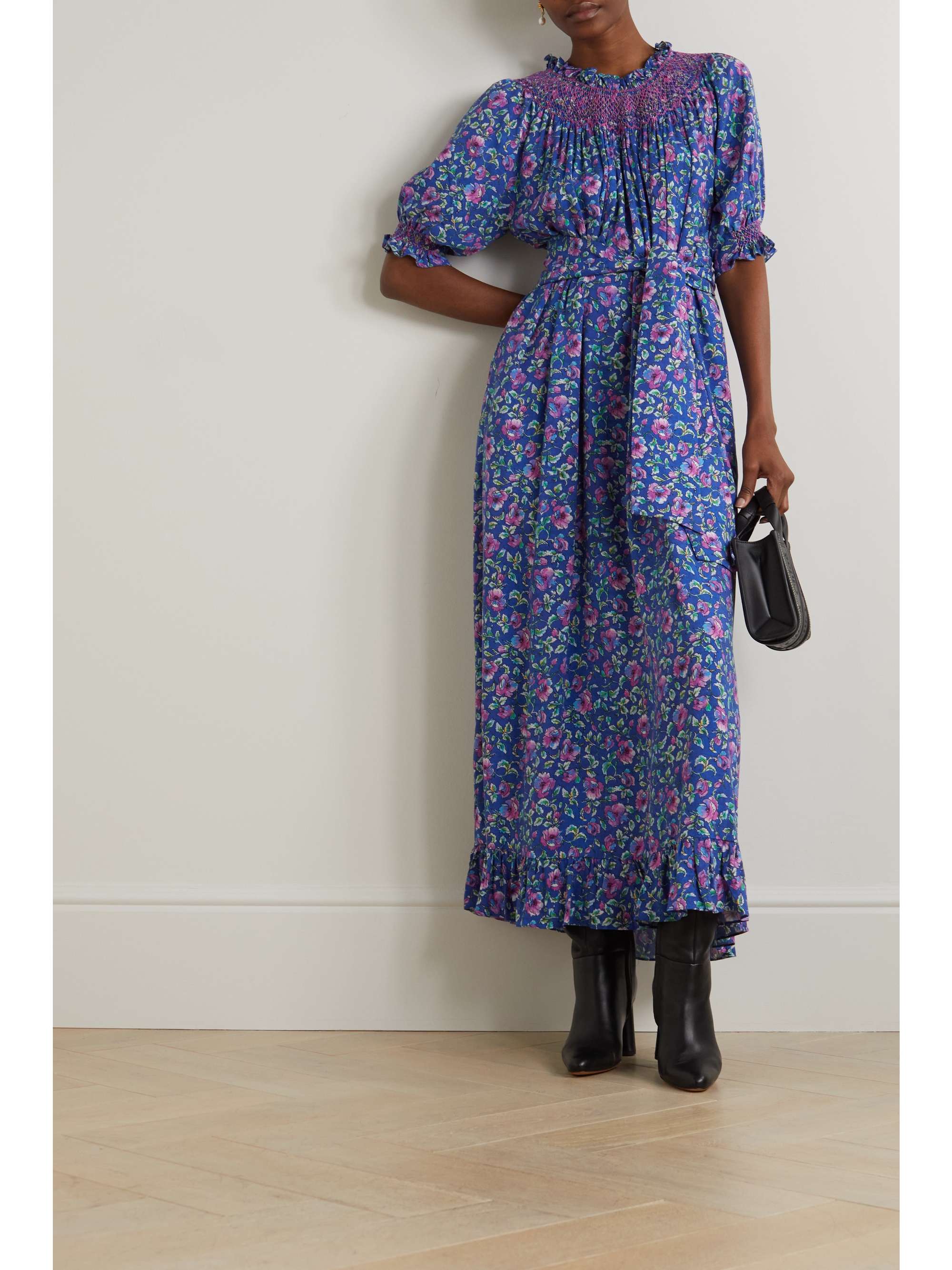LORETTA CAPONI + NET SUSTAIN Loretta belted embroidered floral-print woven maxi dress