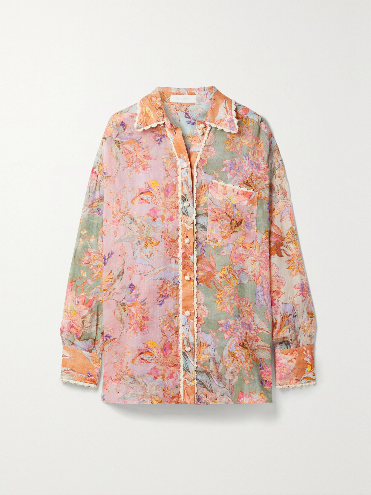 ZIMMERMANN CIRA CROCHET-TRIMMED FLORAL-PRINT RAMIE SHIRT